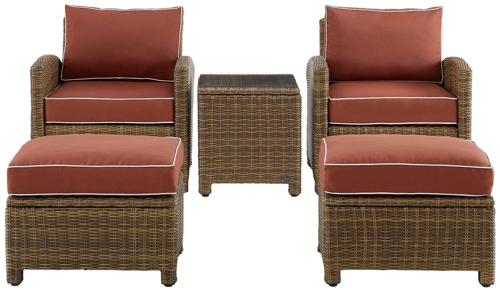 Crosley Furniture Bradenton 5-Piece Outdoor Chair Patio Furniture Set, Wicker Conversation Sets for Porch, Weathered Brown with Sangria Cushions