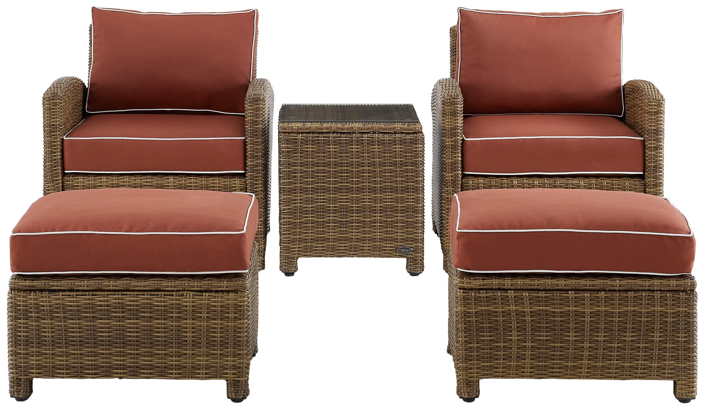 Crosley Furniture Bradenton 5-Piece Outdoor Chair Patio Furniture Set, Wicker Conversation Sets for Porch, Weathered Brown with Sangria Cushions