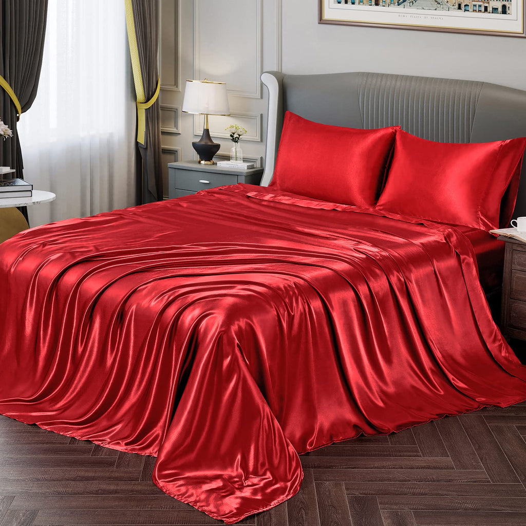 Vonty Satin Sheets Queen Silky Soft Satin Bed Sheets Red Satin Sheet Set, 1 Deep Pocket Fitted Sheet + 1 Flat Sheet + 2 Pillowca