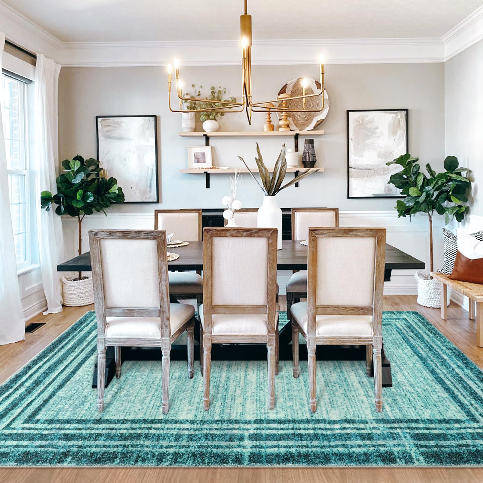 Lahome Abstract Teal Bedroom Rug 8X10,Washable Modern 8X10 Area Rugs For Living Room Non-Slip,Low-Pile Soft Dining Room Carpet M