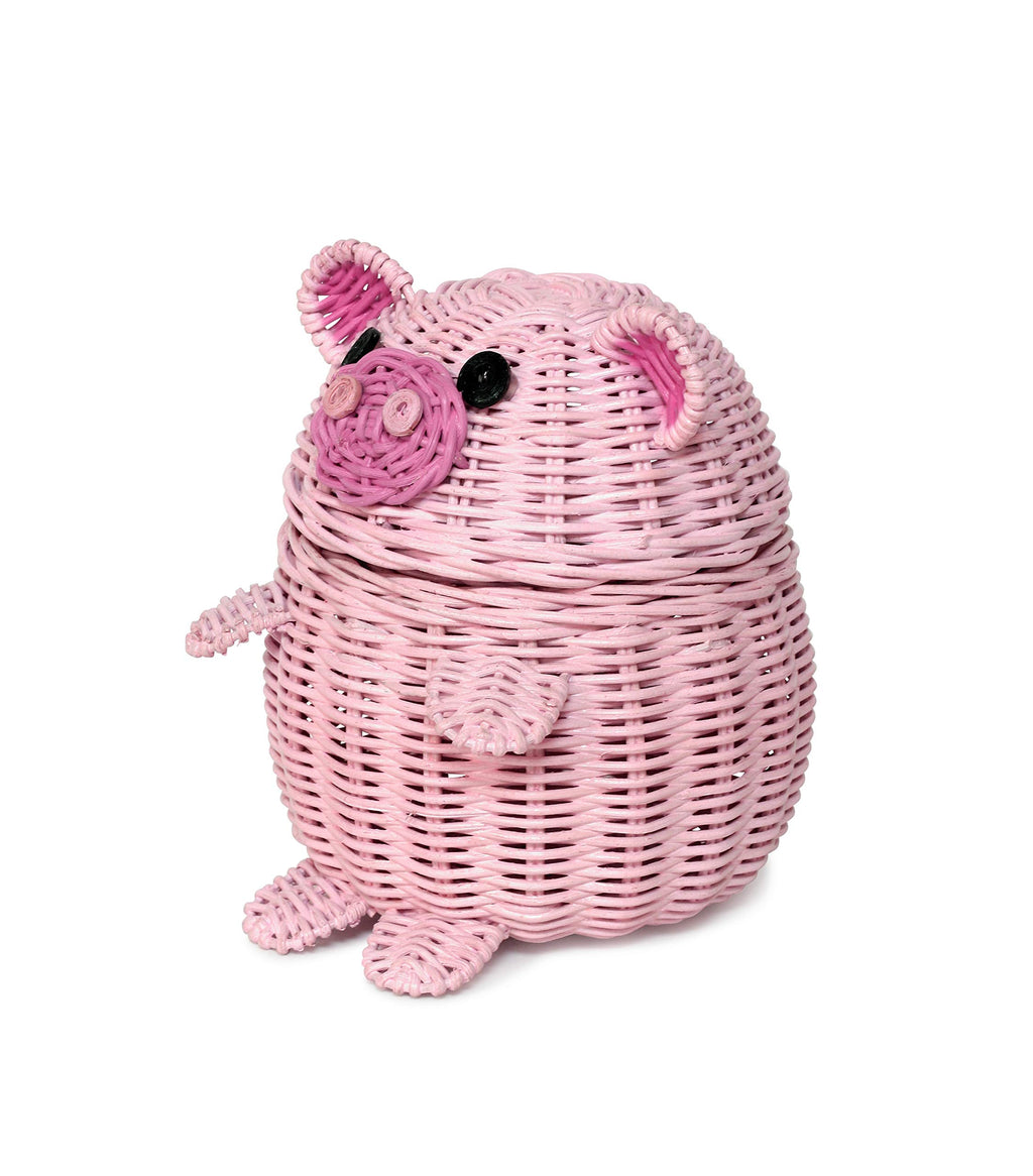 G6 Collection Pig Rattan Storage Basket With Lid Decorative Bin Home Decor Hand Woven Shelf Organizer Cute Handmade Handcrafted