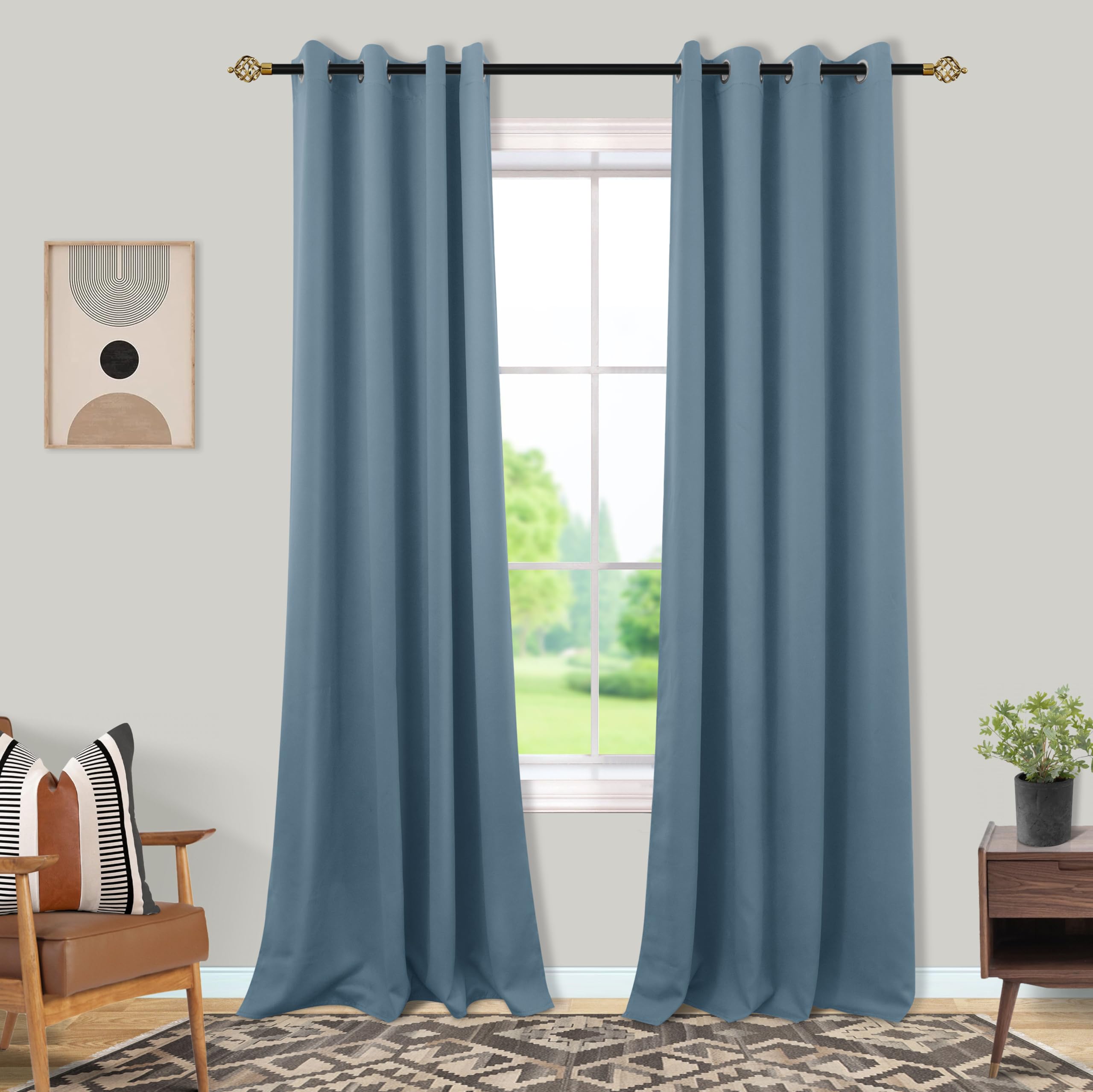 Mrs.Naturall 52x84 Inches Long Stone Blue Curtains for Living Room 2 Panels Blackout Room Darkening Curtains