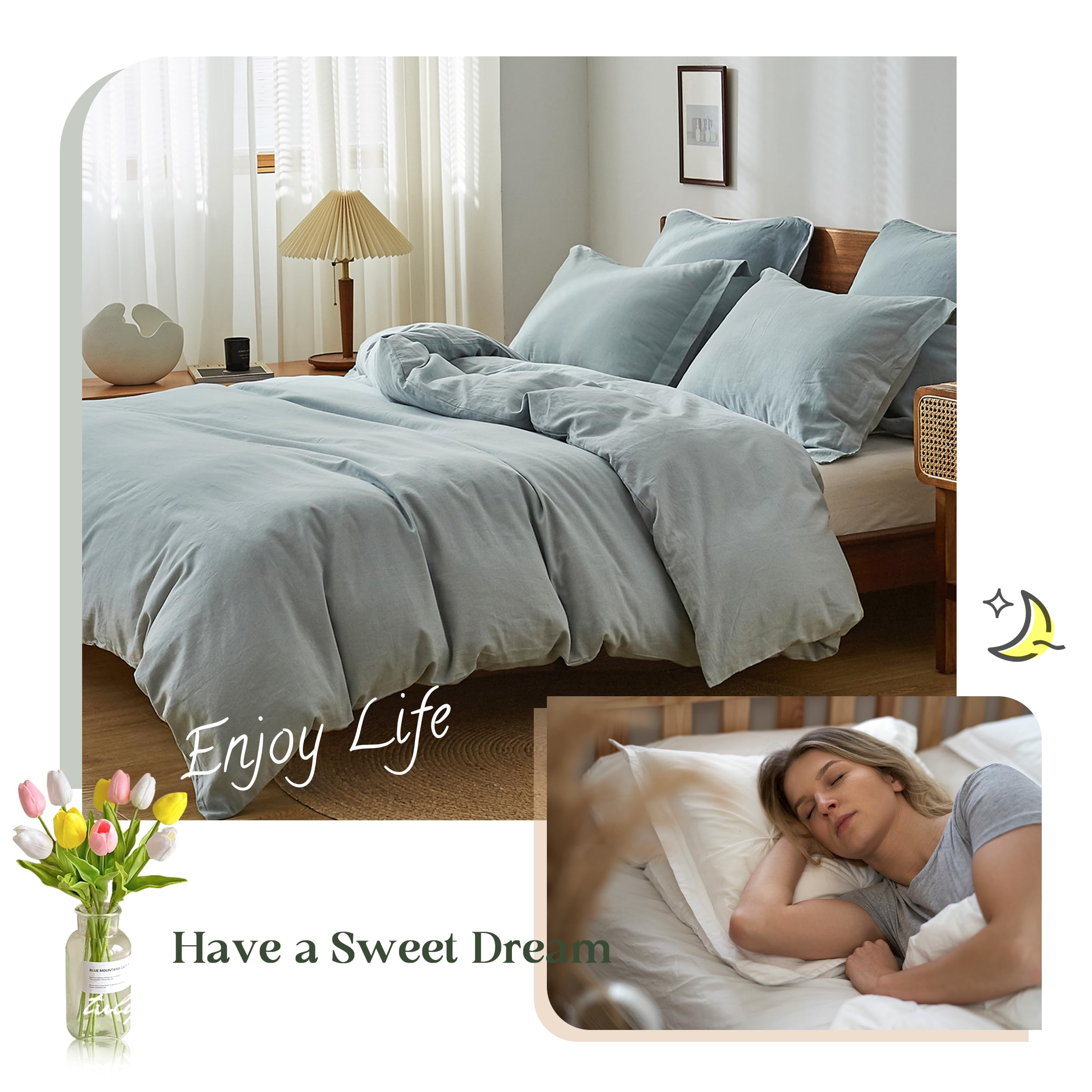 Simple&Opulence 100% Linen Duvet Cover Set, 2 Pcs Pure Natural French Flax Dusty Blue Duvet Cover Twin Size, Breathable Soft Com