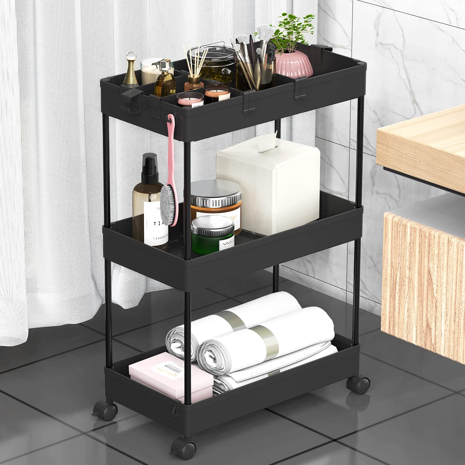 SPACELEAD 3 Tier Rolling Cart with Wheels, Storage Craft Art Cart Trolley Organizer Serving Cart, 3 Hanging Baskets Easy Assembl