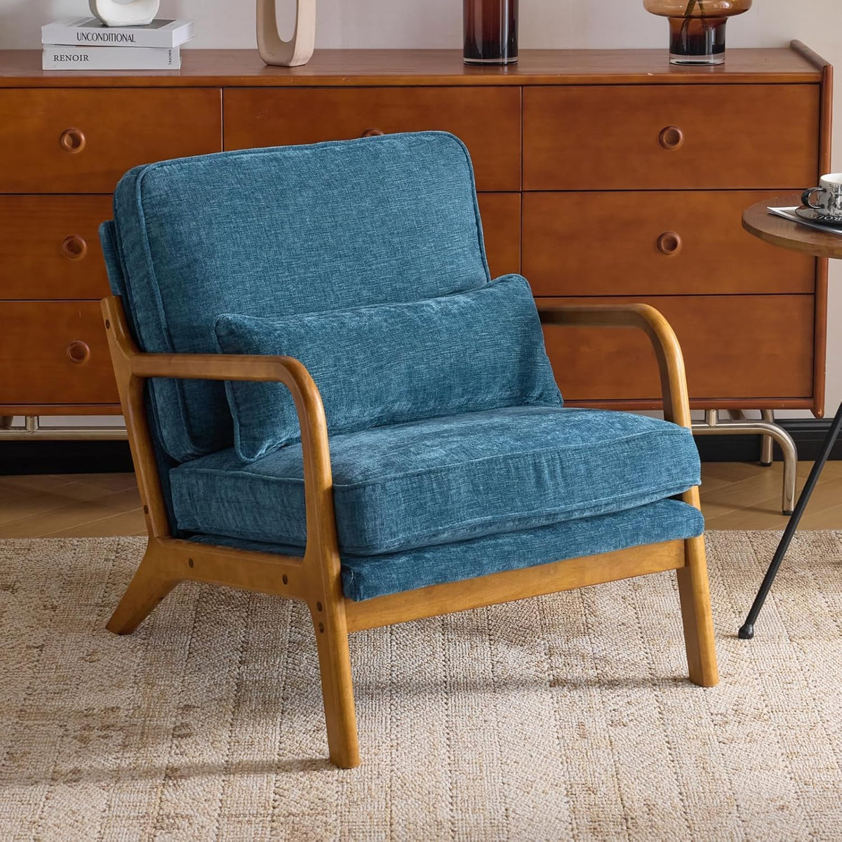 D&D International Solid Wood Arm Chair Upholstered Accent Chair Wooden Arm Chair With Cushioned Seat & Backrest For Living Room