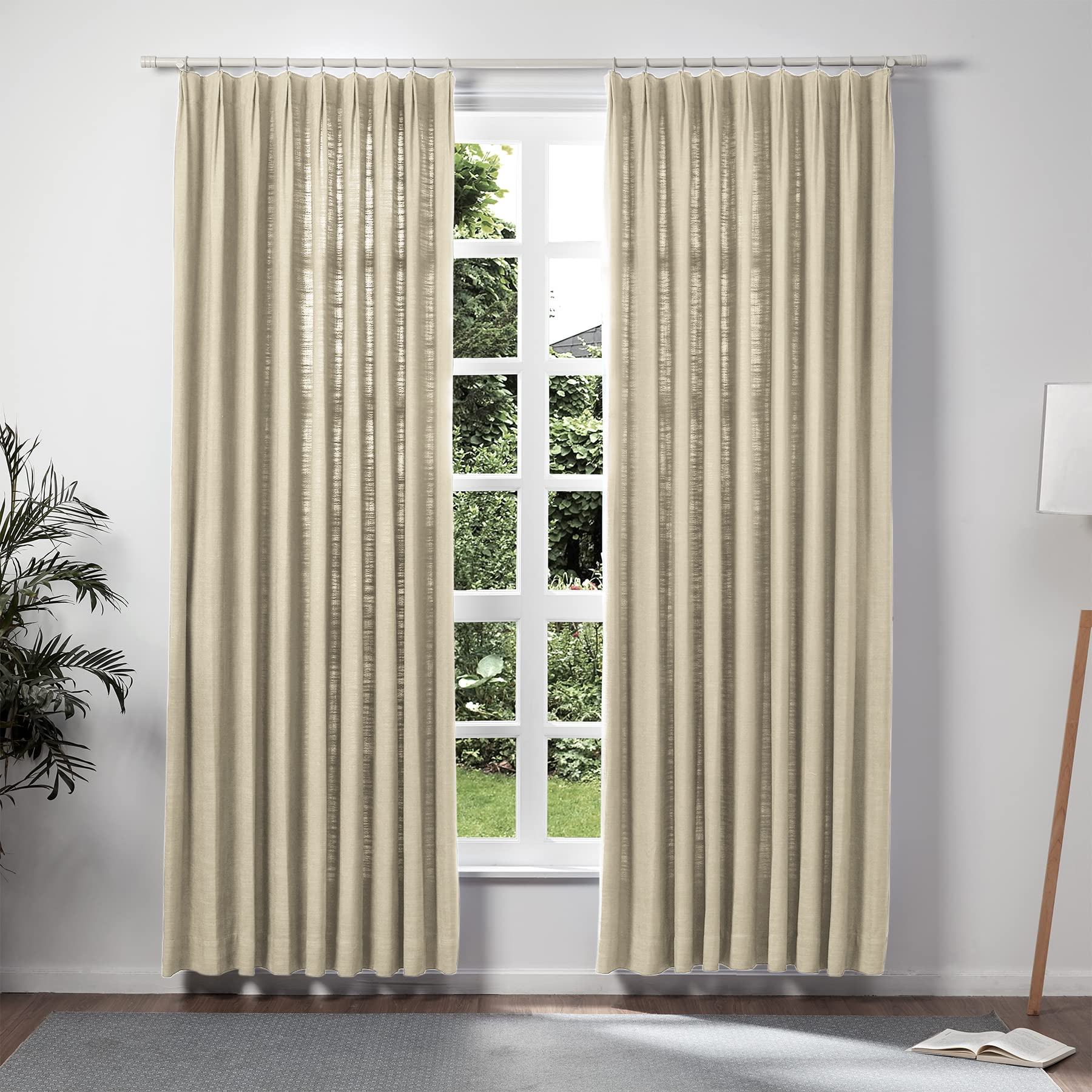 Twopages Light Khaki Pinch Pleated Drape 84 Inch Length Linen Light Filtering Room Darkening Curtain For Bedroom, Double Layer L