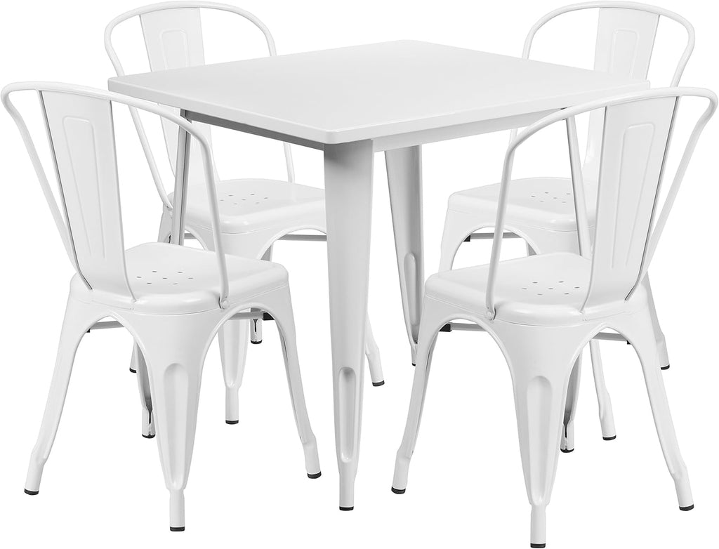 Commercial Grade 31.5 Square White Metal Indoor-Outdoor Table Set with 4 Stack Chairs