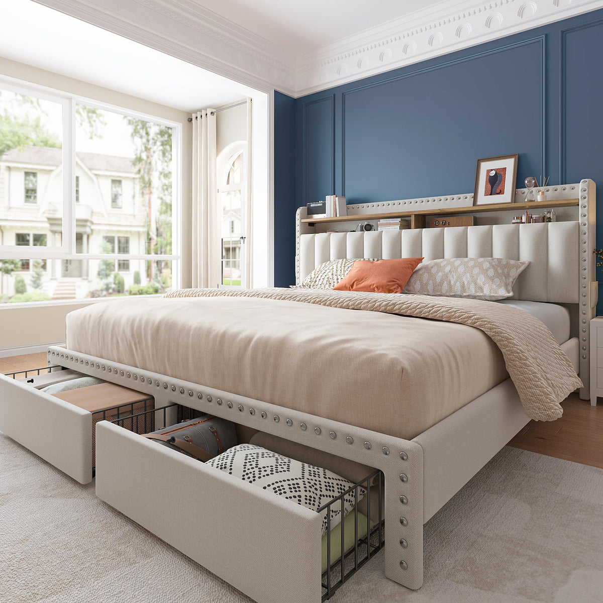 Enhomee Queen Bed Frame With Headboard And Storage, Upholstered Queen Bed Frame With Storage, Queen Size Bed Frame With 2 Drawers, Queen Size Bed Frame With Storage, No Noise,No Box Spring Needed