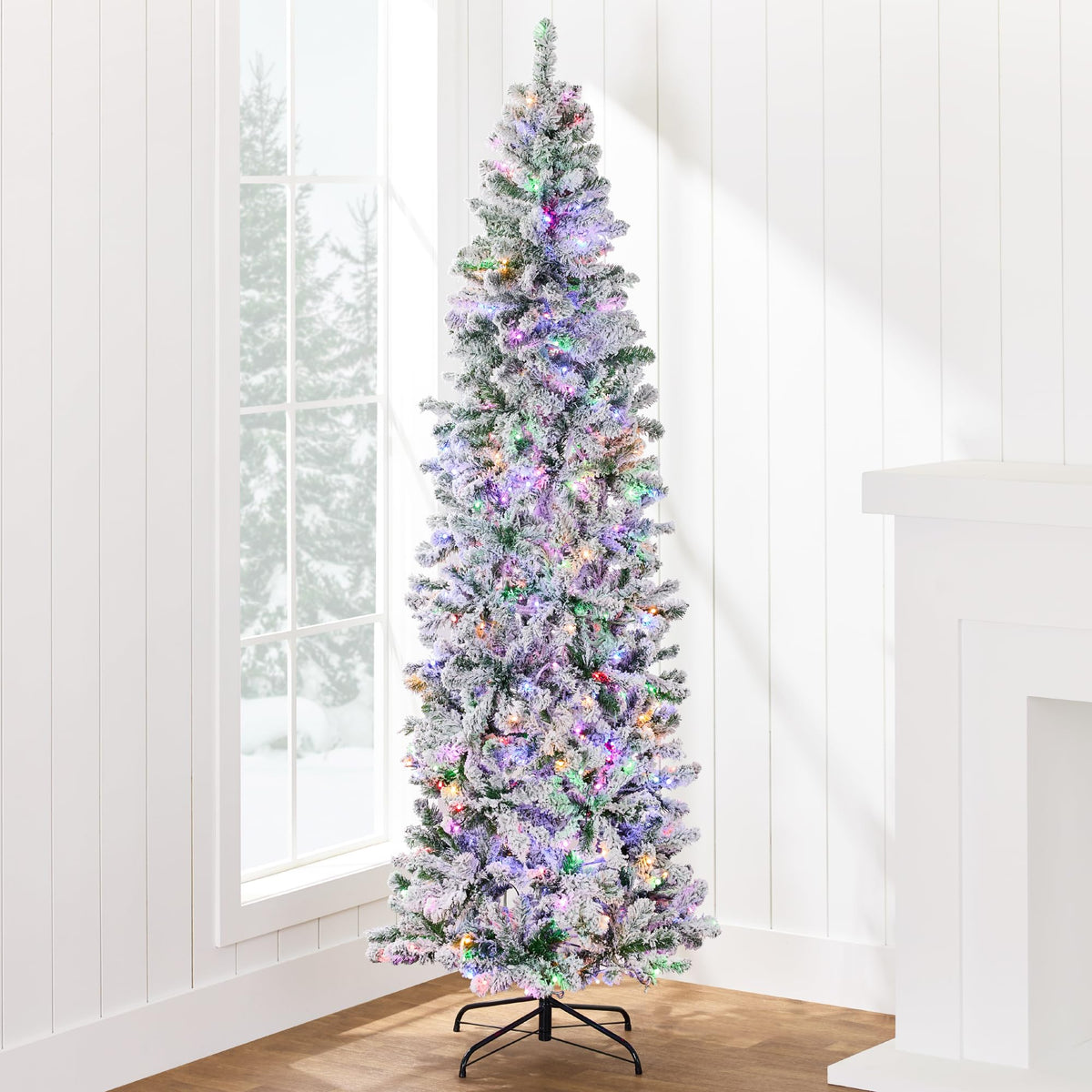 Best Choice Products Flocked Pencil Christmas Tree, Pre-Lit Slim 6ft Artificial Holiday Decoration, 2-in-1 White & Multicolor Li