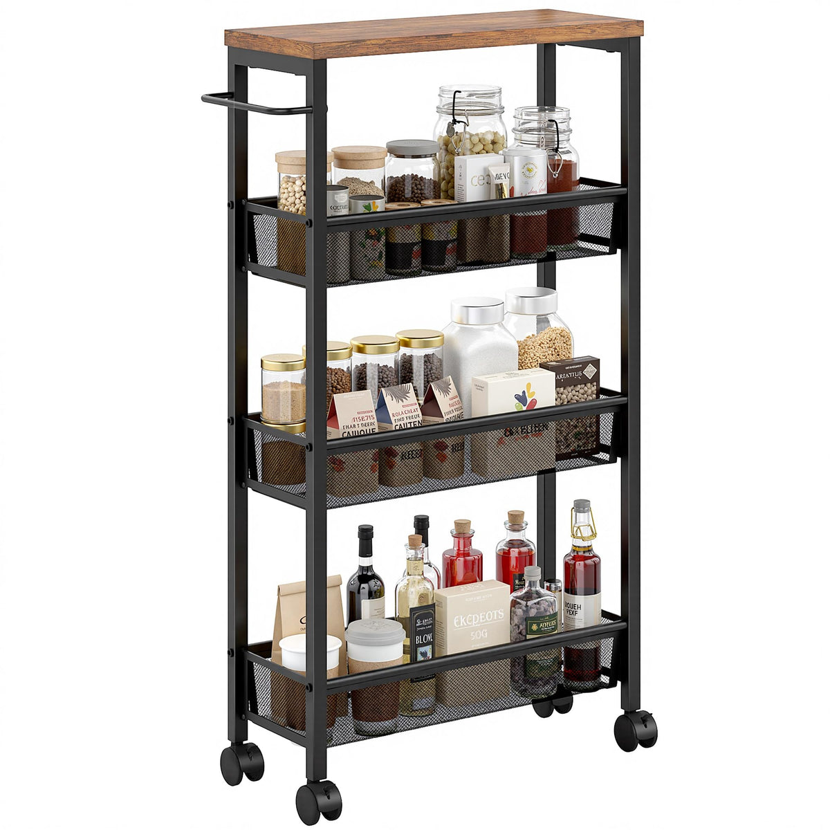 VECELO 4 Tier Slim Rolling Cart Organizer, Rolling Carts On Wheels with Storage, Sturdy Metal Frame Narrow Cart with Handle, Spa