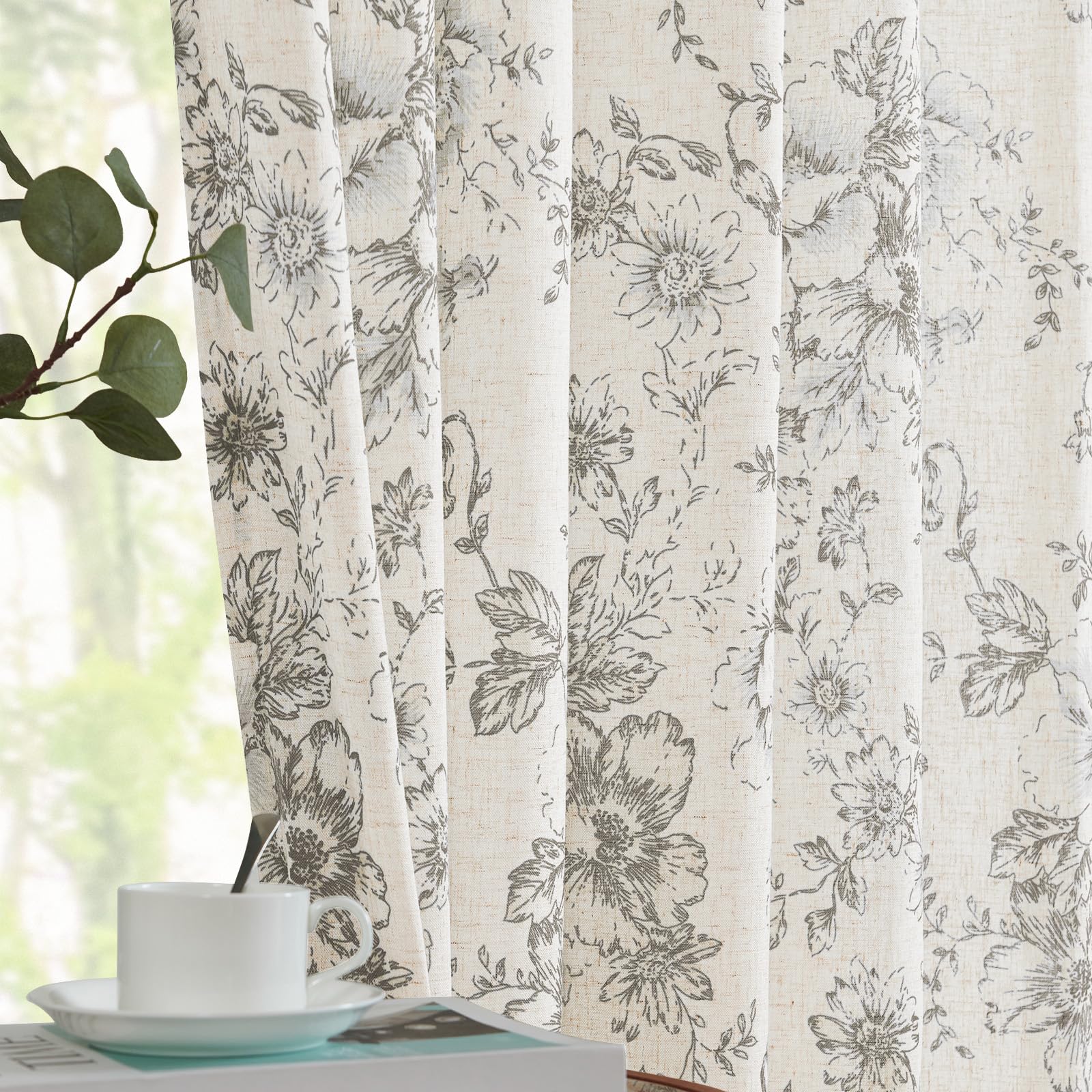 Jinchan Linen Curtains Floral Curtains For Living Room 96 Inch Length Grey Printed Curtains Rod Pocket Back Tab Farmhouse Peony