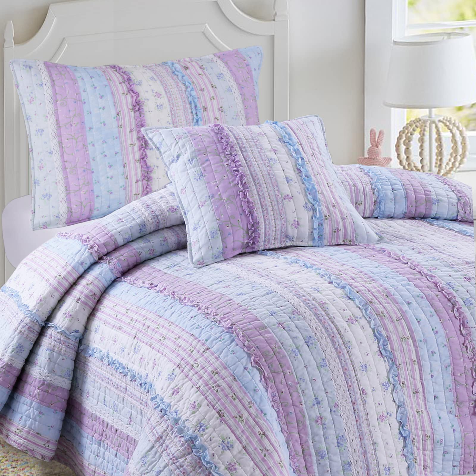 Cozy Line Home Fashions Shabby Chic Romantic Lace Purple Blue Floral Cotton Bedding Quilt Set, Reversible Coverlet, Bedspread (L