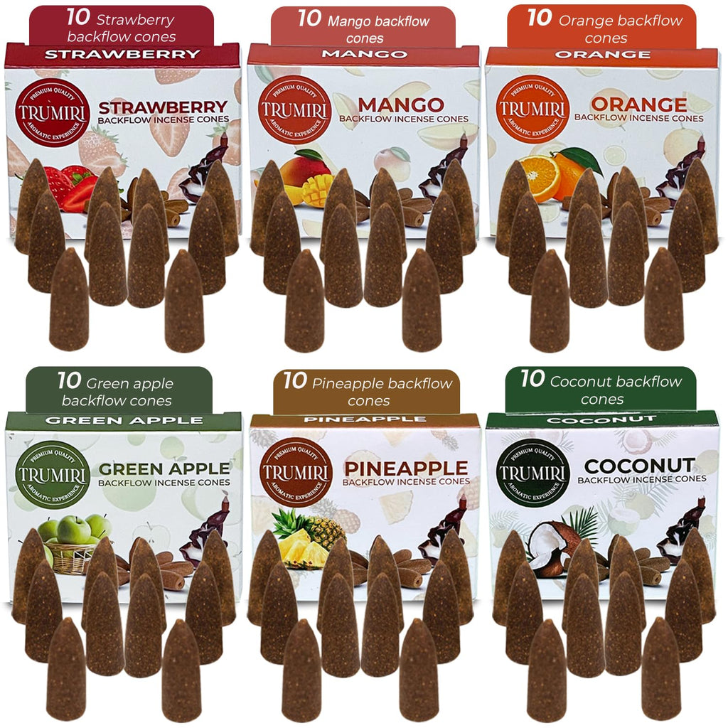 Fruity - Backflow Incense Cones For Waterfall - Scented Inscents-Cones - Pineapple, Strawberry, Coconut, Mango, Apple, Orange -