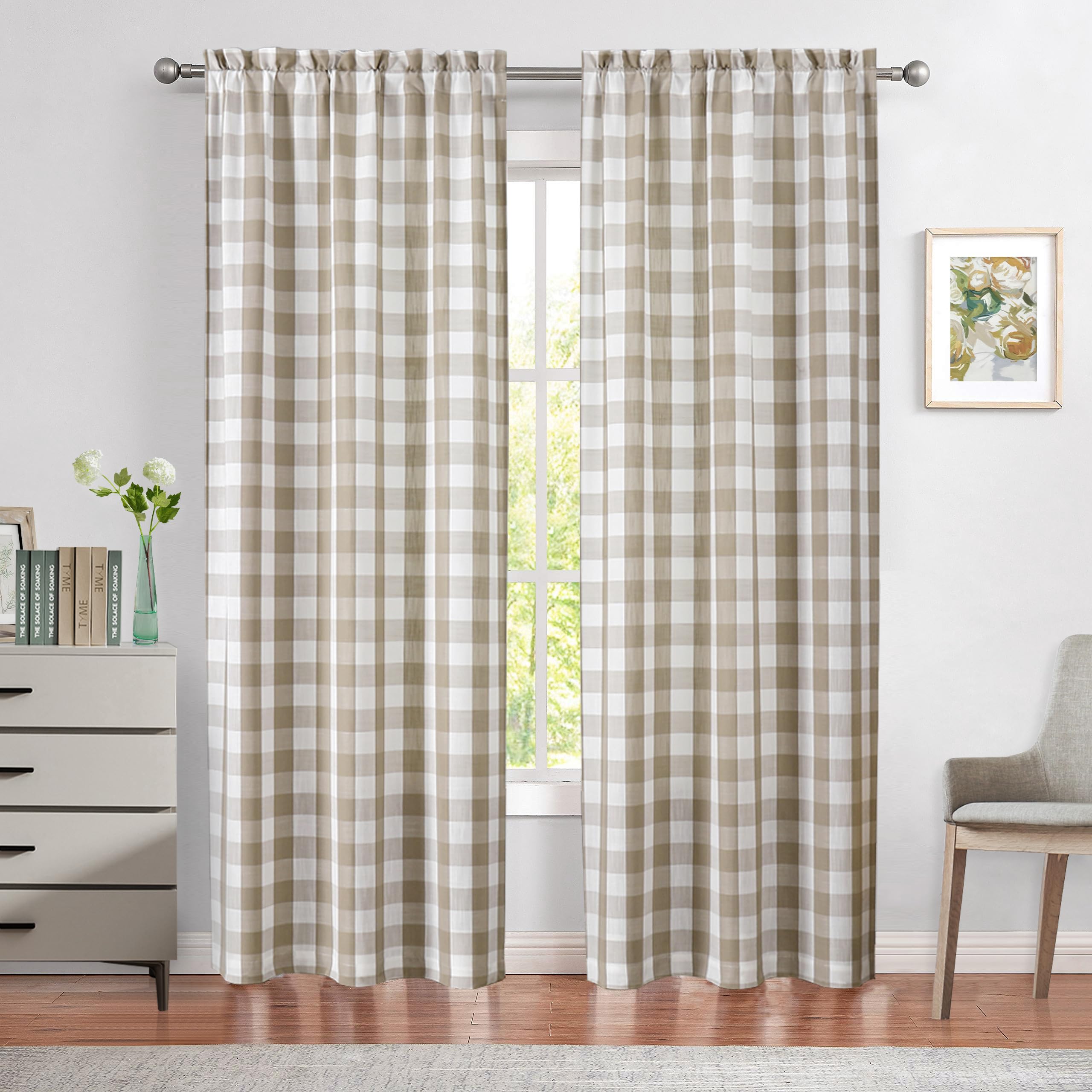 Bapawfish Beige White Buffalo Plaid Semi Sheer Curtains 72 Inch,Tan Farmhouse Gingham Checkered Drapes,Textured Light Filtering