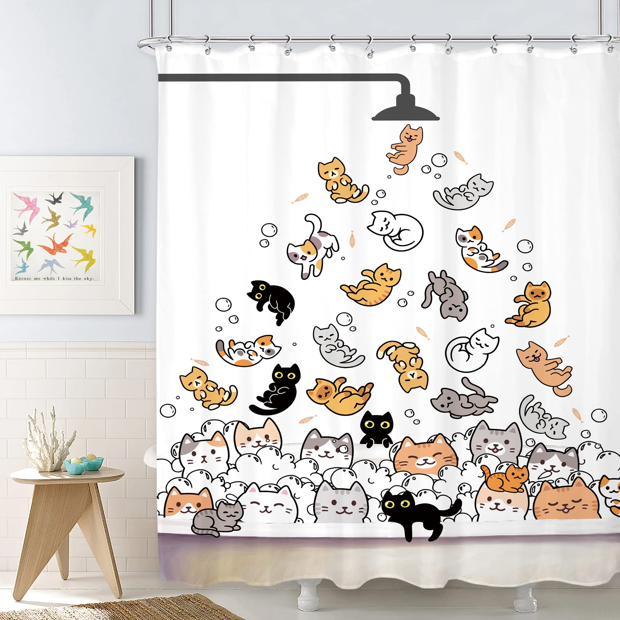 SVBright Cute Cat Shower Curtain for Kids Children 60Wx72L Inch Cartoon Animal Funny Raining Colorful Hilarious Lovely Pets Play