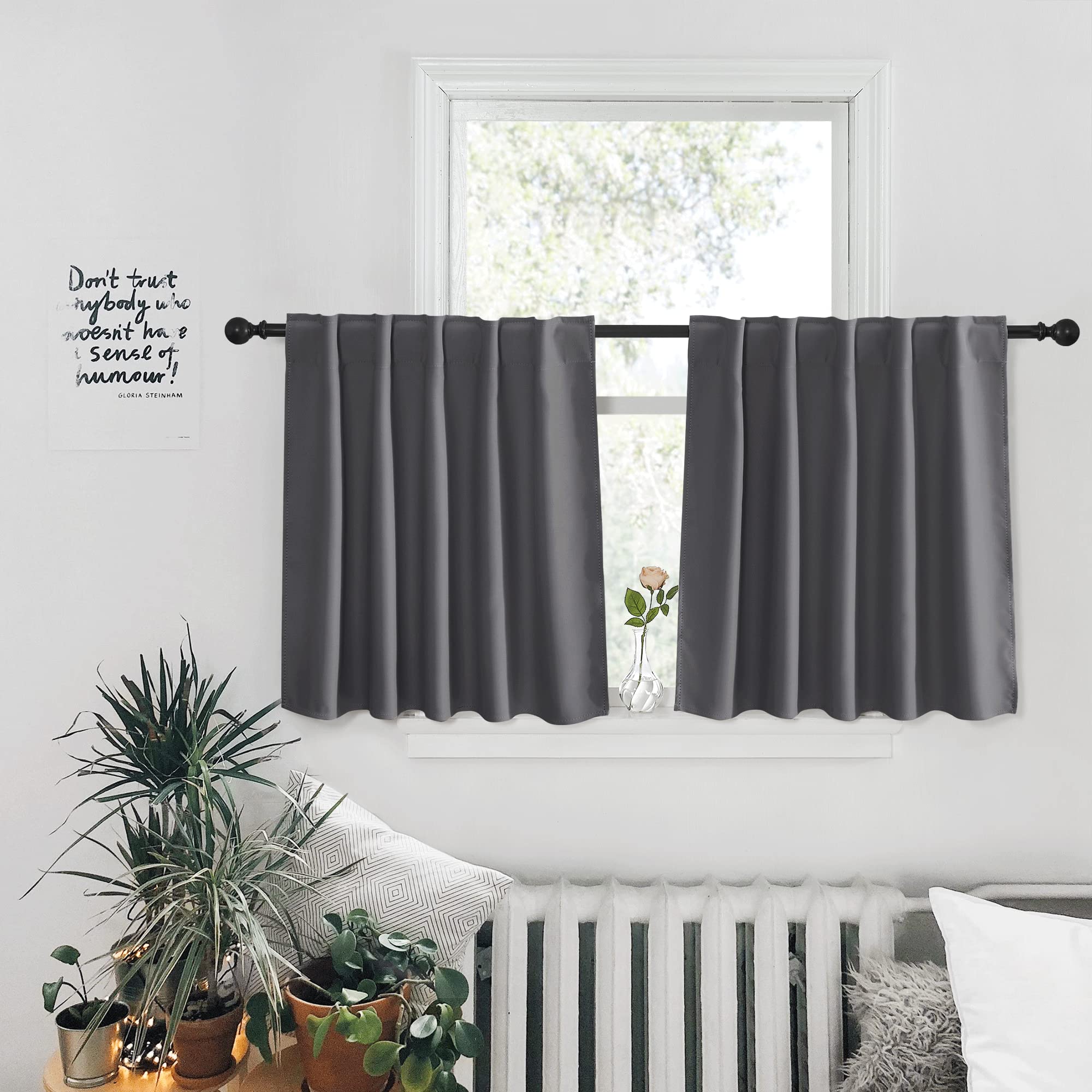 PONY DANCE Gray Blackout Curtains - Window Curtain Treatments Thermal Insulated Light Blocking Drapes Back Tab/Rod Pocket Short 