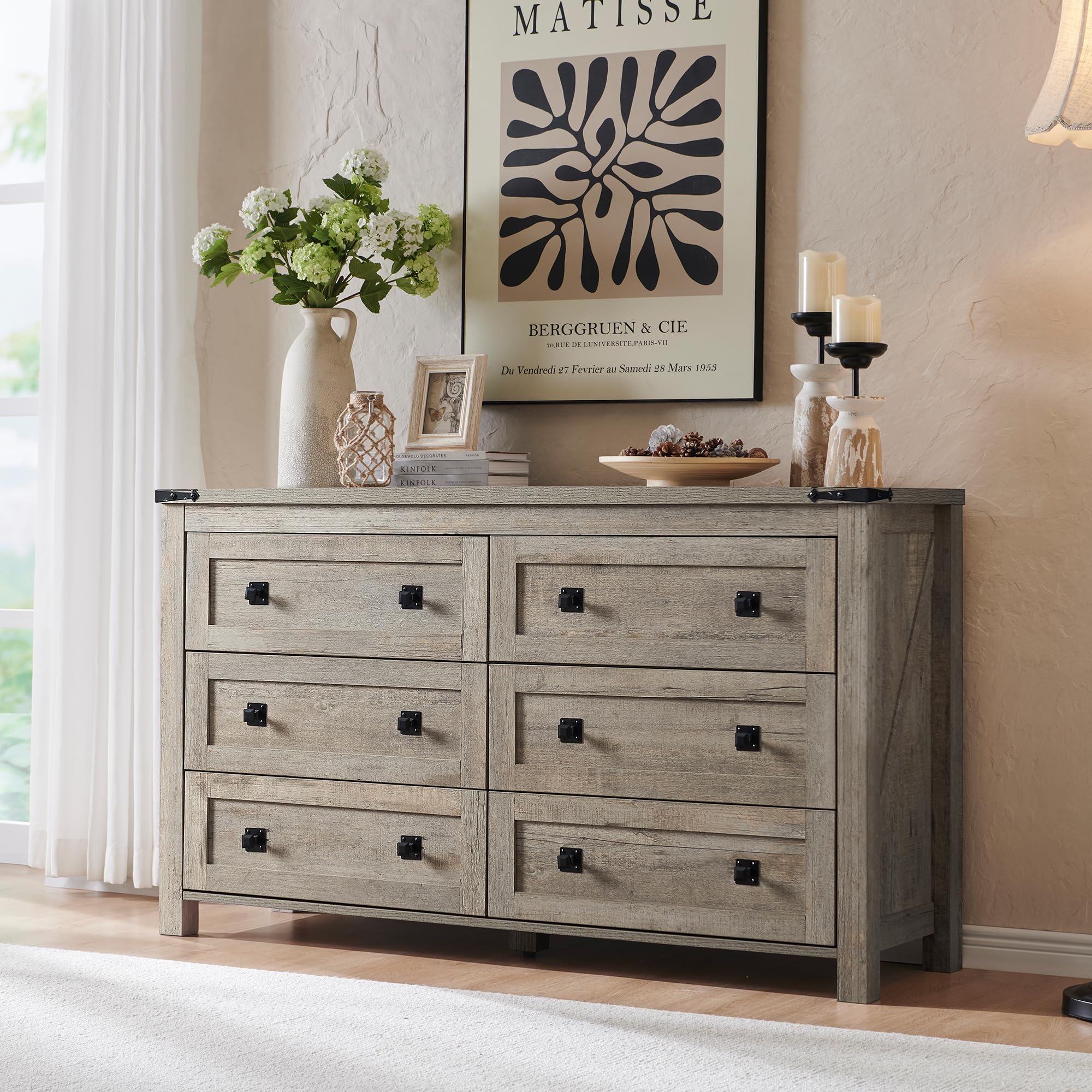 RedLemon Farmhouse 6 Drawer Dresser for Bedroom, 54 Inch Wide Rustic Wood Dresser TV Stand, Dresser Chest of Drawers for Closet,