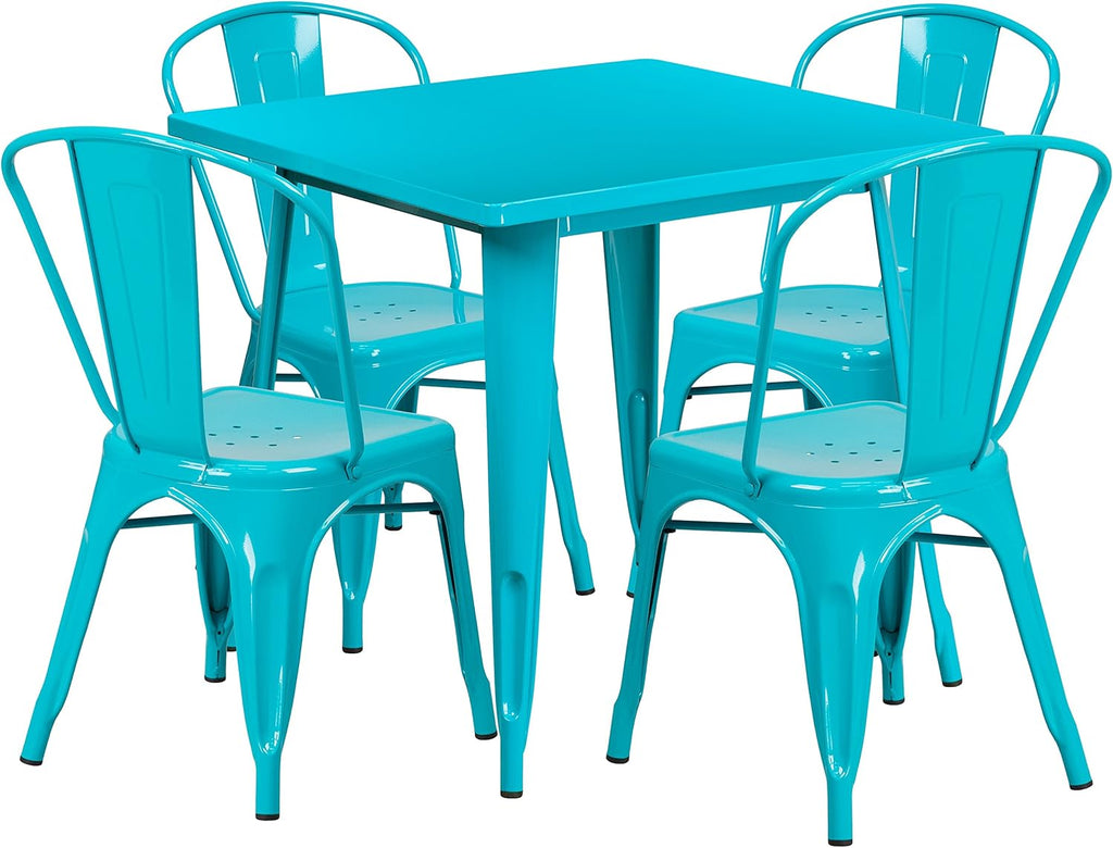 Commercial Grade 31.5 Square Blue Metal Indoor-Outdoor Table Set with 4 Stack Chairs