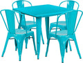 Commercial Grade 31.5 Square Blue Metal Indoor-Outdoor Table Set with 4 Stack Chairs