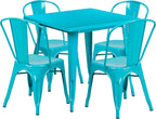 Commercial Grade 31.5 Square Blue Metal Indoor-Outdoor Table Set with 4 Stack Chairs