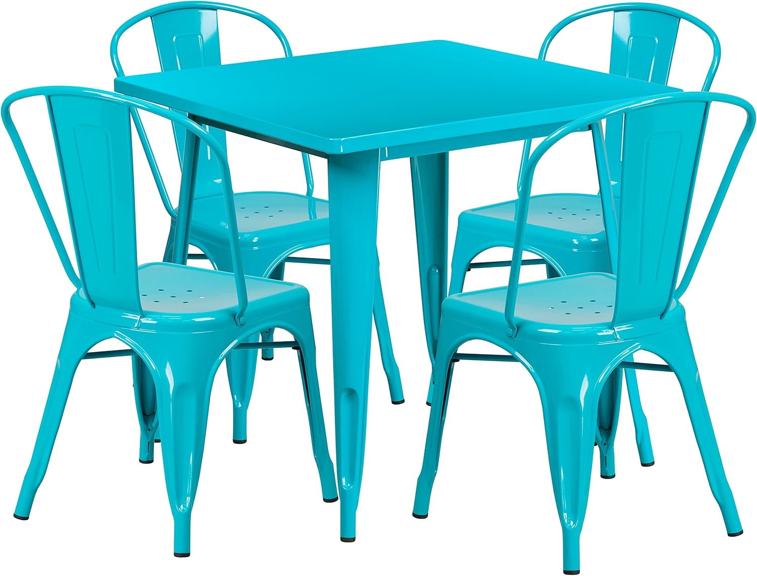 Commercial Grade 31.5 Square Blue Metal Indoor-Outdoor Table Set with 4 Stack Chairs