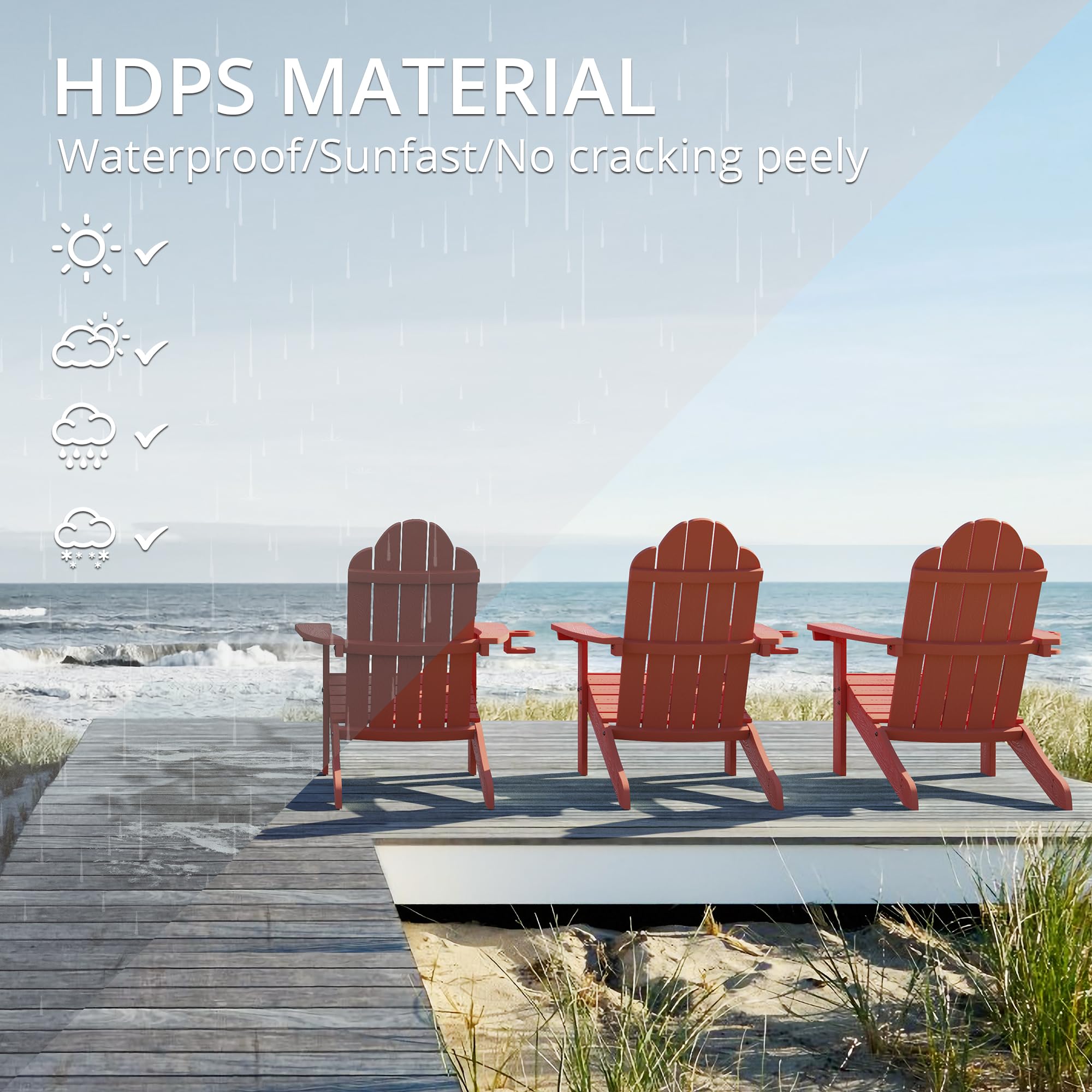 Lue Bona Hdps Adirondack Chairs Set Of 6, Fire Pit Outdoor Chair Weather Resistant With Cup Holder, Modern Plastic Chair Plastic For Patio, Deck, Proch, 350Lbs, Red