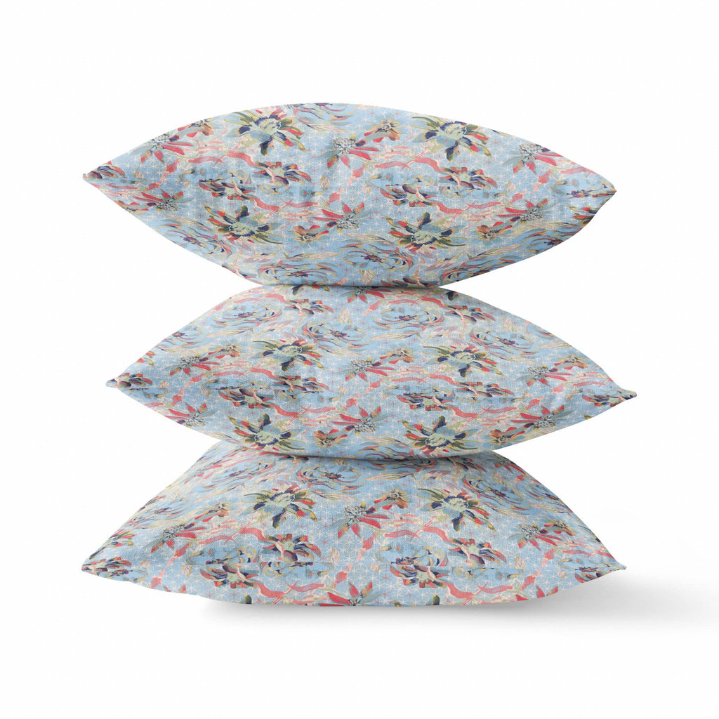 HomeRoots Indigo Gray 16' Light Blue Red Roses Zippered Suede Throw Pillow