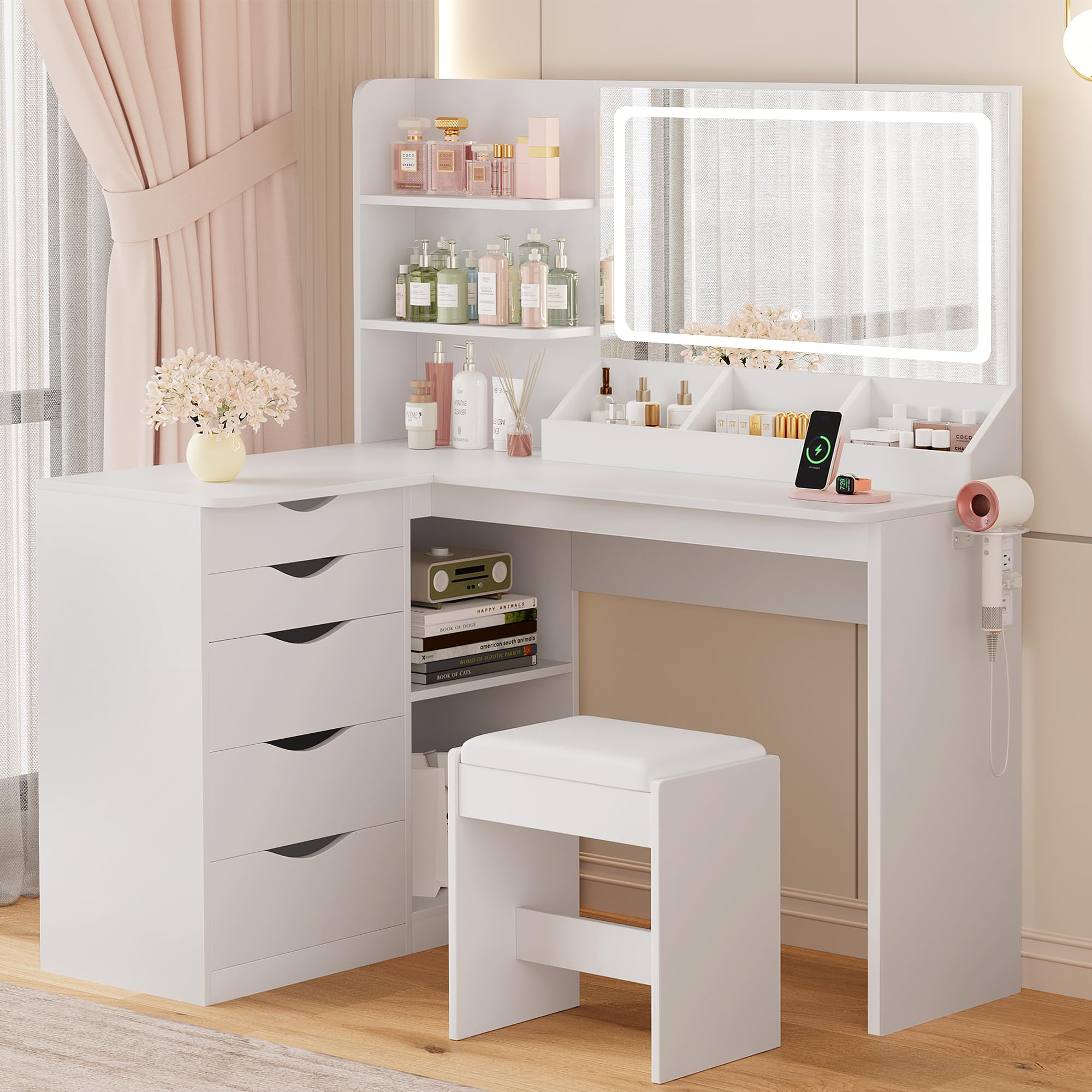 YESHOMY Vanity Desk with Lights and Mirror, L Shaped Makeup Table, Dresser with Hairdryer Holder and Power Outlet, Adjustable 3 