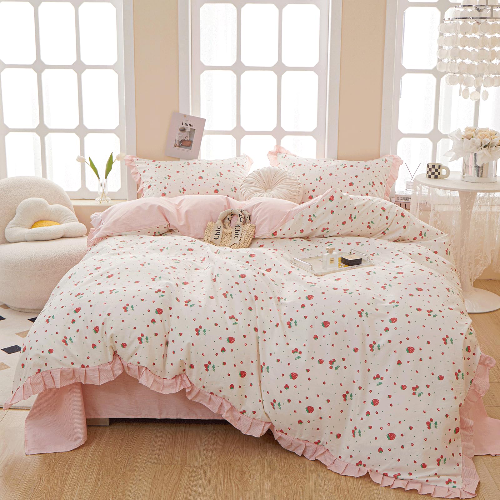 Vm Vougemarket Red Strawberry Duvet Cover Set Twin Pink Lace Duvet Cover With Zipper Ties 100% Cotton Cute Romantic Girls Comfor