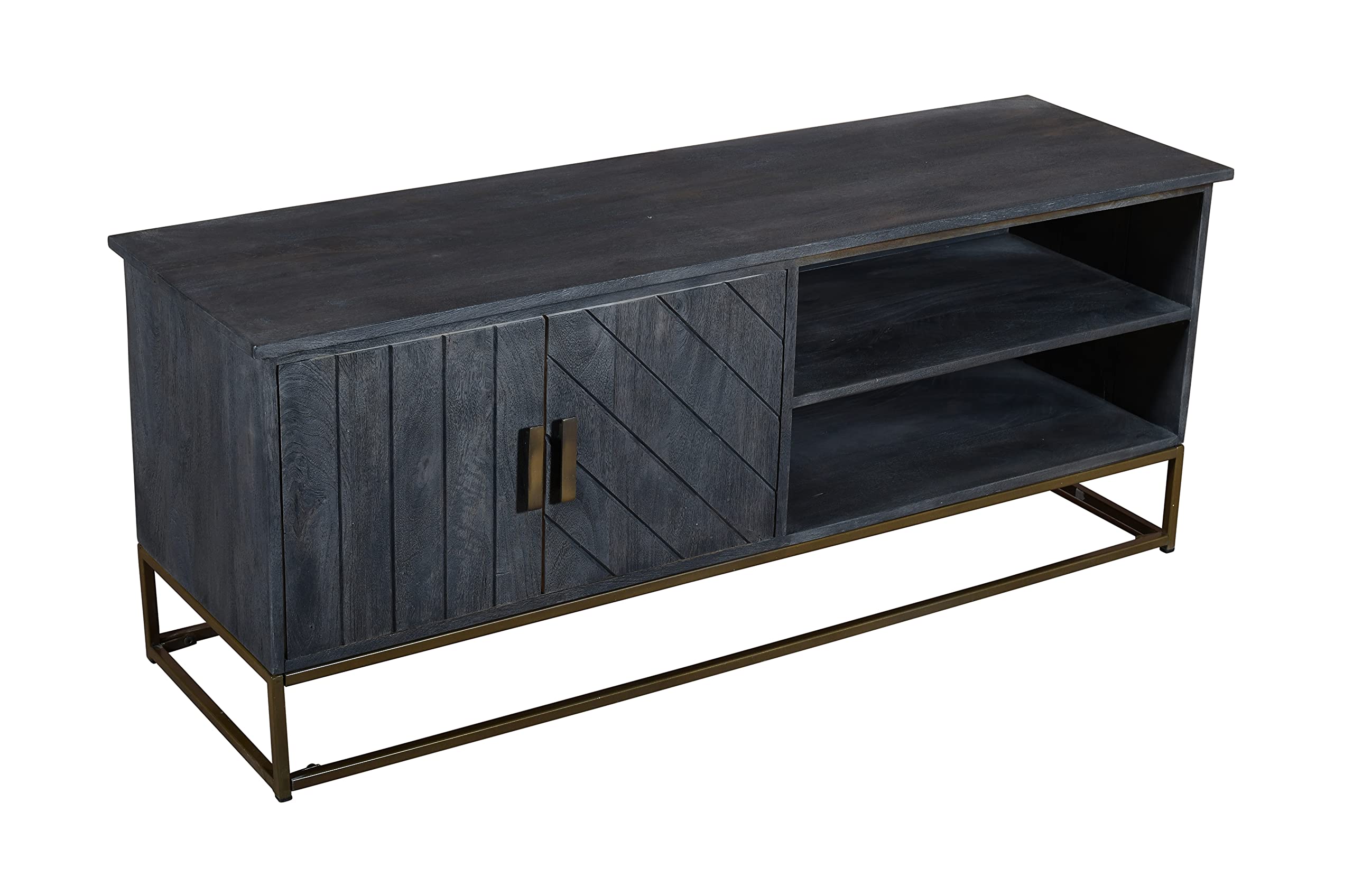 The Urban Port 53-Inches Plank Design 2 Door Mango Wood TV Media Cabinet with Metal Base, Gray
