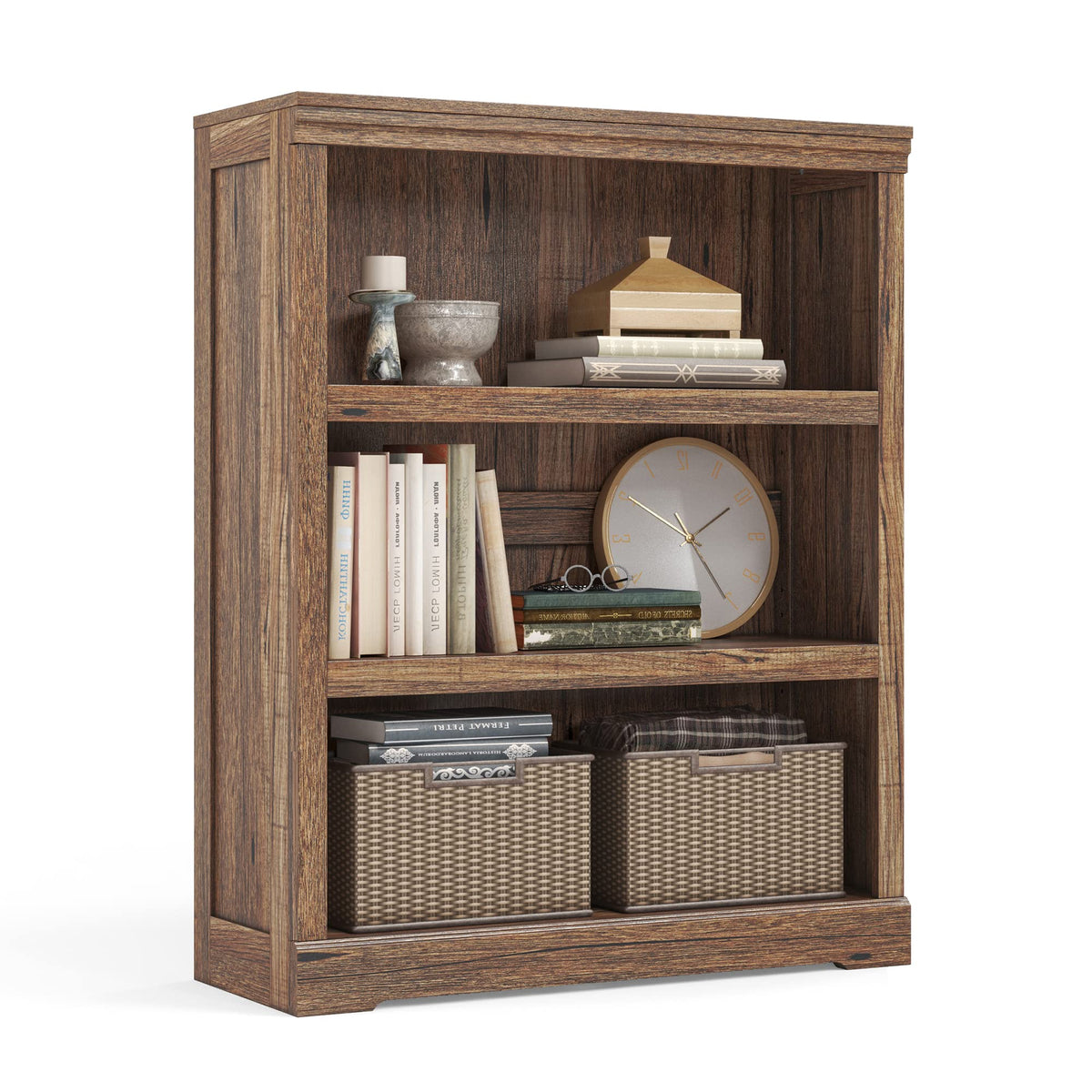 LINSY HOME 3Tier Bookshelf Display Storage Shelves Farmhouse Bookshelf for Home Office, Living Room, Bed Room  Dark Brown