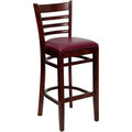 2 Pk. Mahogany Finished Ladder Back Wooden Barstool - Burgundy Vinyl Seat