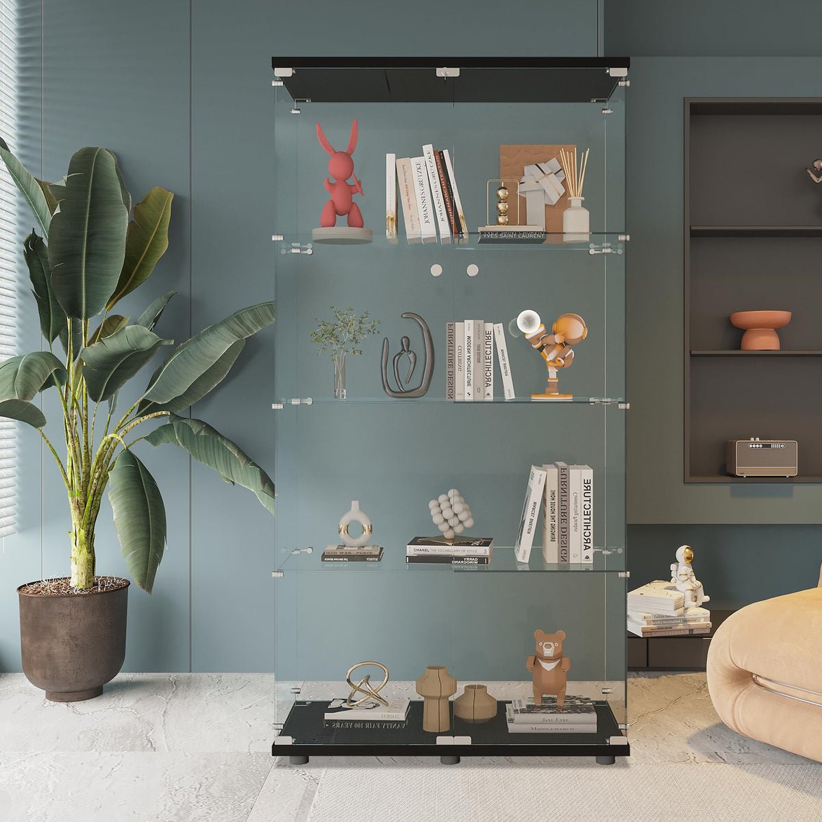 Beauty4U Glass Display Cabinet With 4 Shelves, 2 Doors Curio Cabinets For Living Room, Bedroom, Office, Black Floor Standing Glass Bookshelf, Quick Installation
