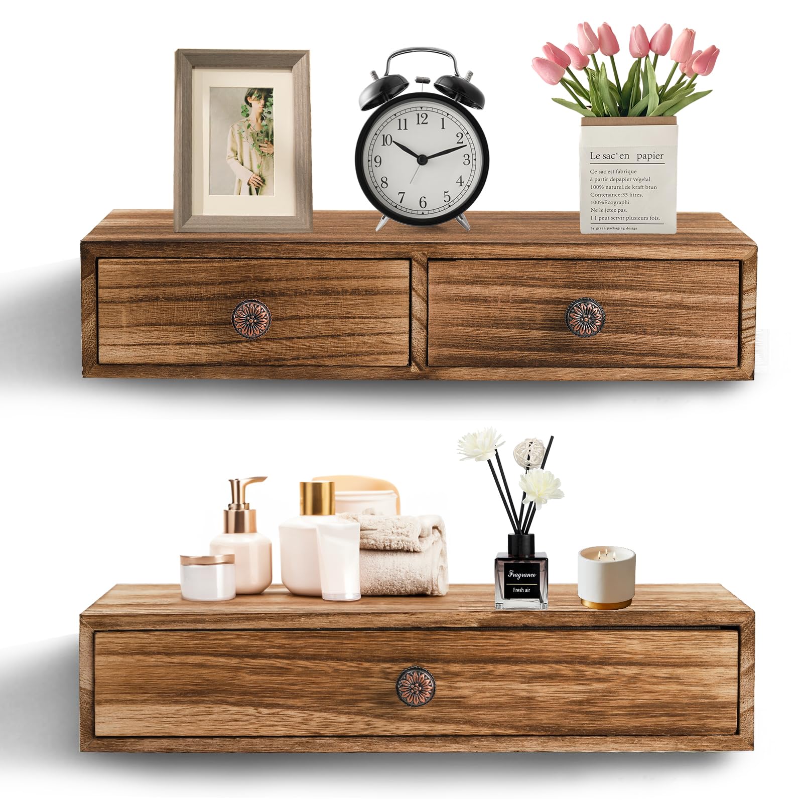 Yesland 2 Packs Floating Nightstand with Drawer - Rustic Wood Floating Wall Mounted Drawers Floating Shelf with Drawer for Livin