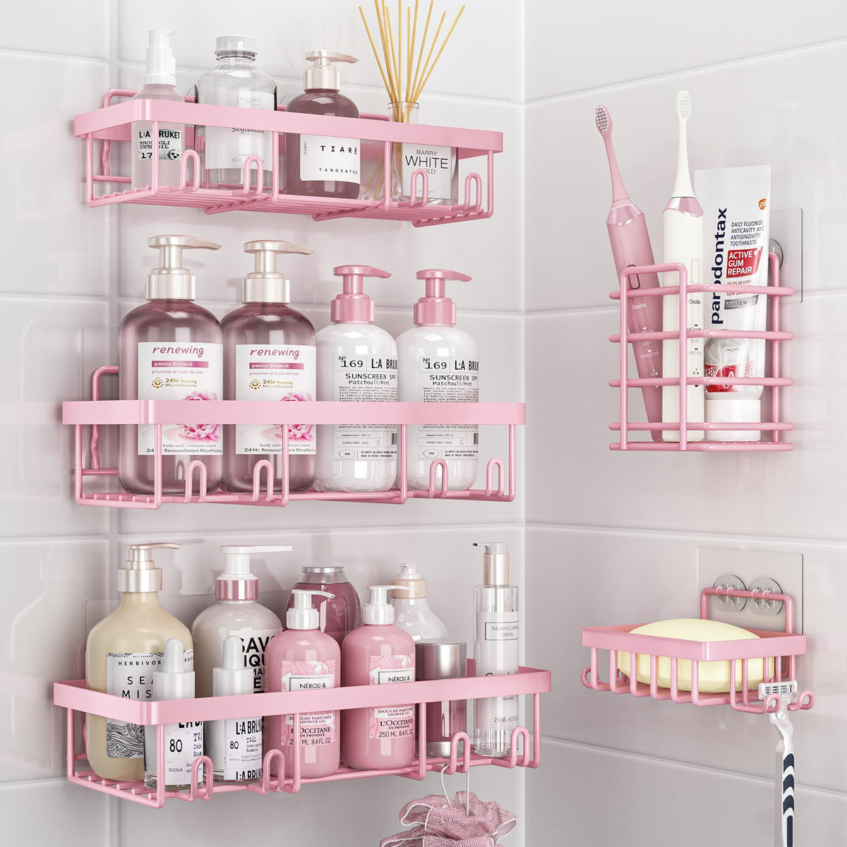 Liuoud Shower Caddy 5 Pack, Bathroom Shower Organizer Rack for Inside Shower, Adhesive Shower Shelf, Shampoo Holder, Shower Bask