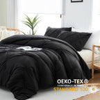 Downcool Queen Comforter Set - 3 Pieces Cute Pinch Pleat Bed Set, Soft Fluffy Comforters Queen Size Black, Down Alternative Bedd