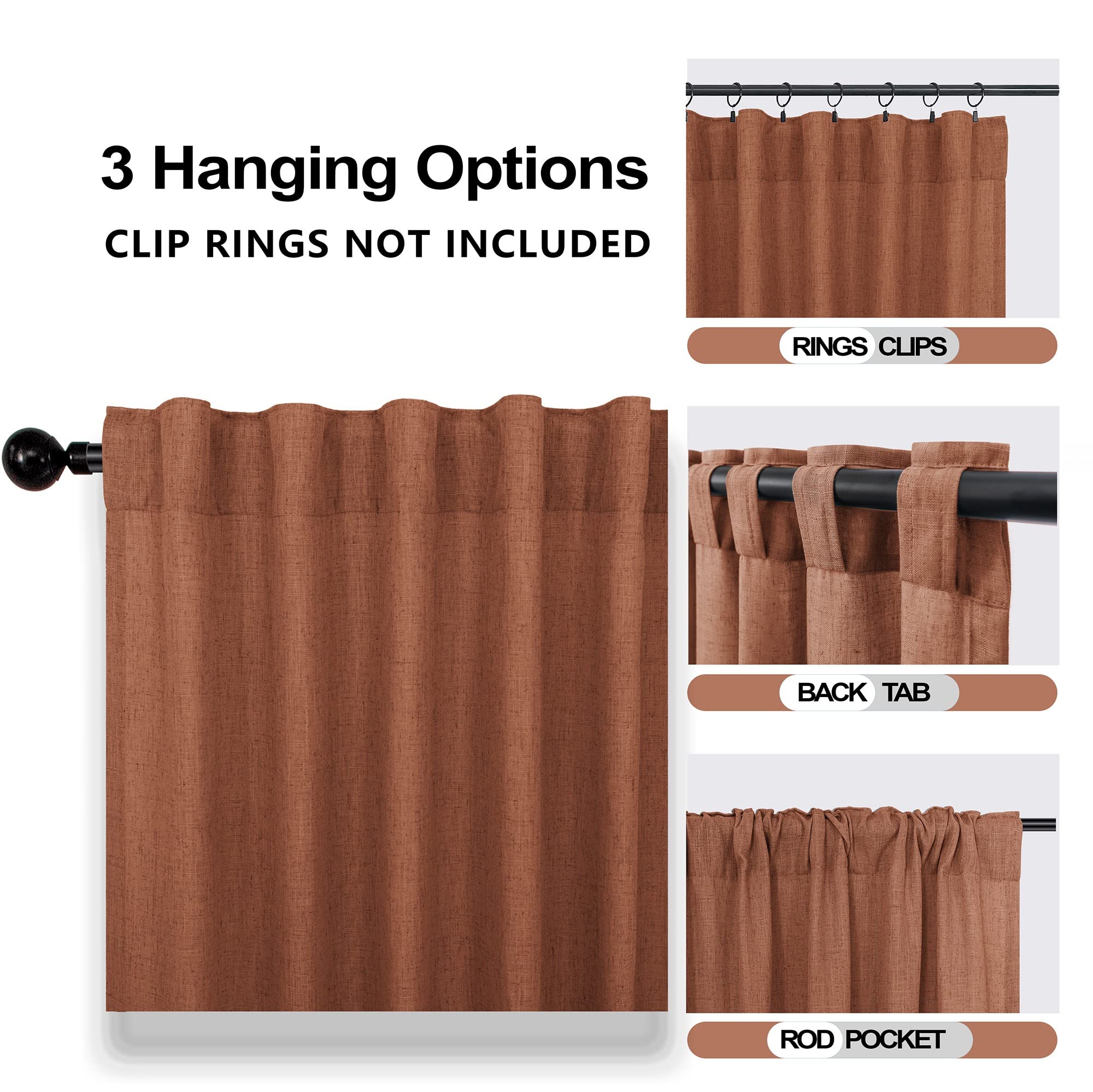 Terracotta Curtains Panels 63 Inch Length For Back Tab Semi Sheer, Linen Woven Textured Drapes Rod Pocket 2 Panels Set,Burnt Orange Boho Farmhouse Rust Curtain For Bedroom/Living Room/Kids Room