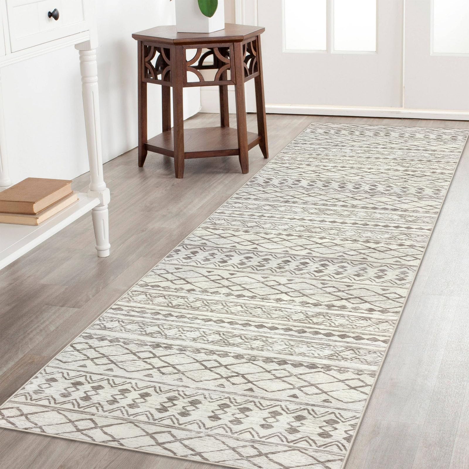 KUTA Boho Kitchen Rugs 2x7 ft Moroccan Runner Rug Vintage Beige Rug Runners for Hallways Non-Slip Ultra Soft Print Distressed Ge