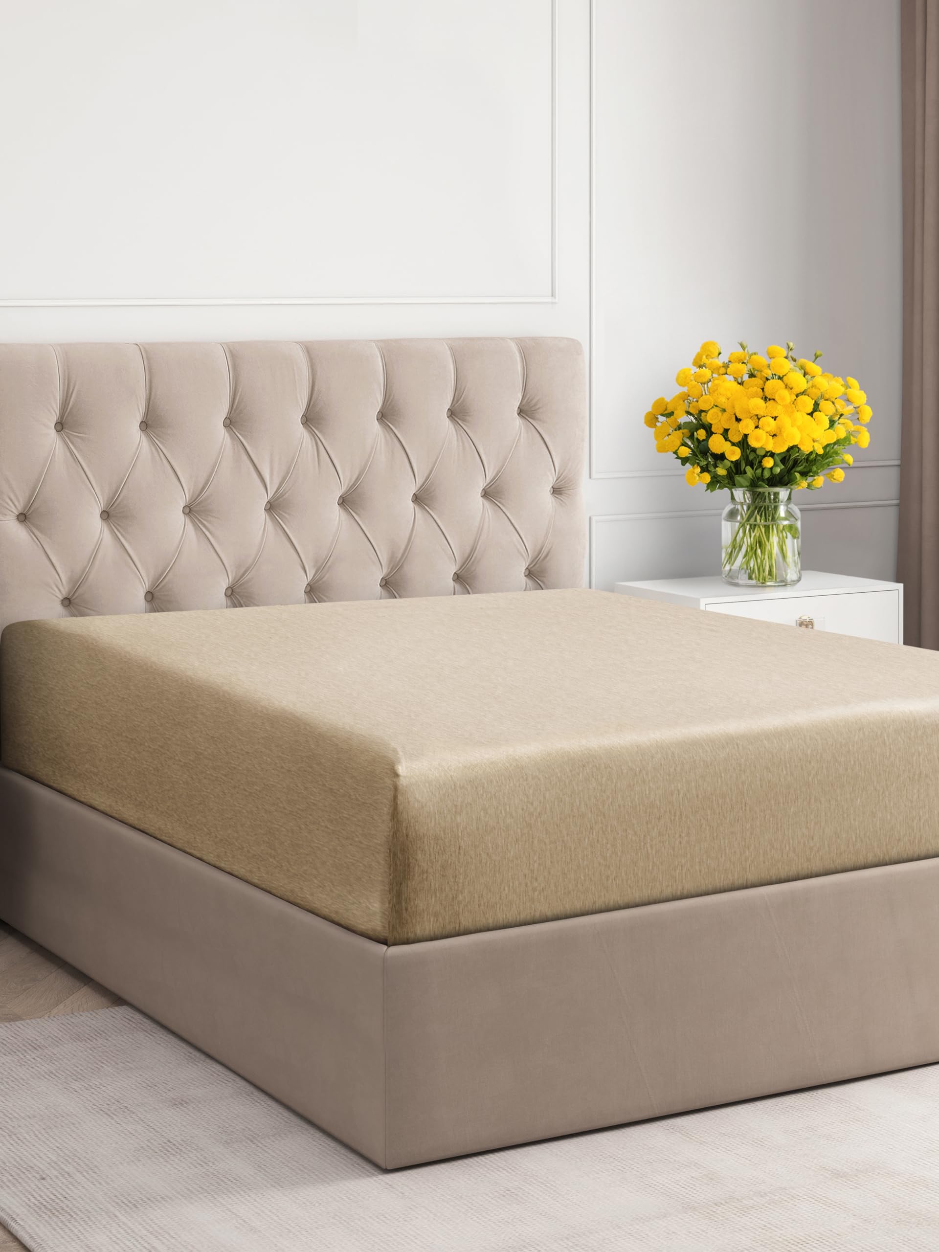 Cal King Size Fitted Bed Sheet - Hotel Luxury Single Fitted Sheet Only - Fits Mattress Up To 16 - Extra Soft, Wrinkle Free, & Breathable - Bottom Fitted Sheet - Heathered Tan Single Fitted Sheet Only