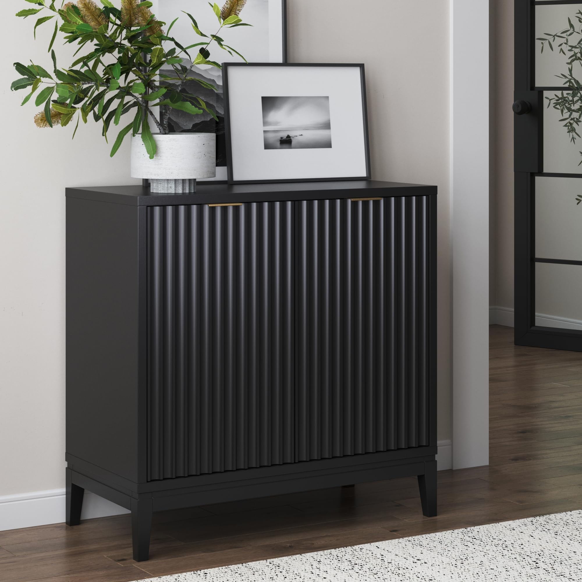 Nathan James Jasper Modern Sideboard, Kitchen Storage Cabinet with Fluted Doors, Accent Storage for Kitchen or Living Room, Blac
