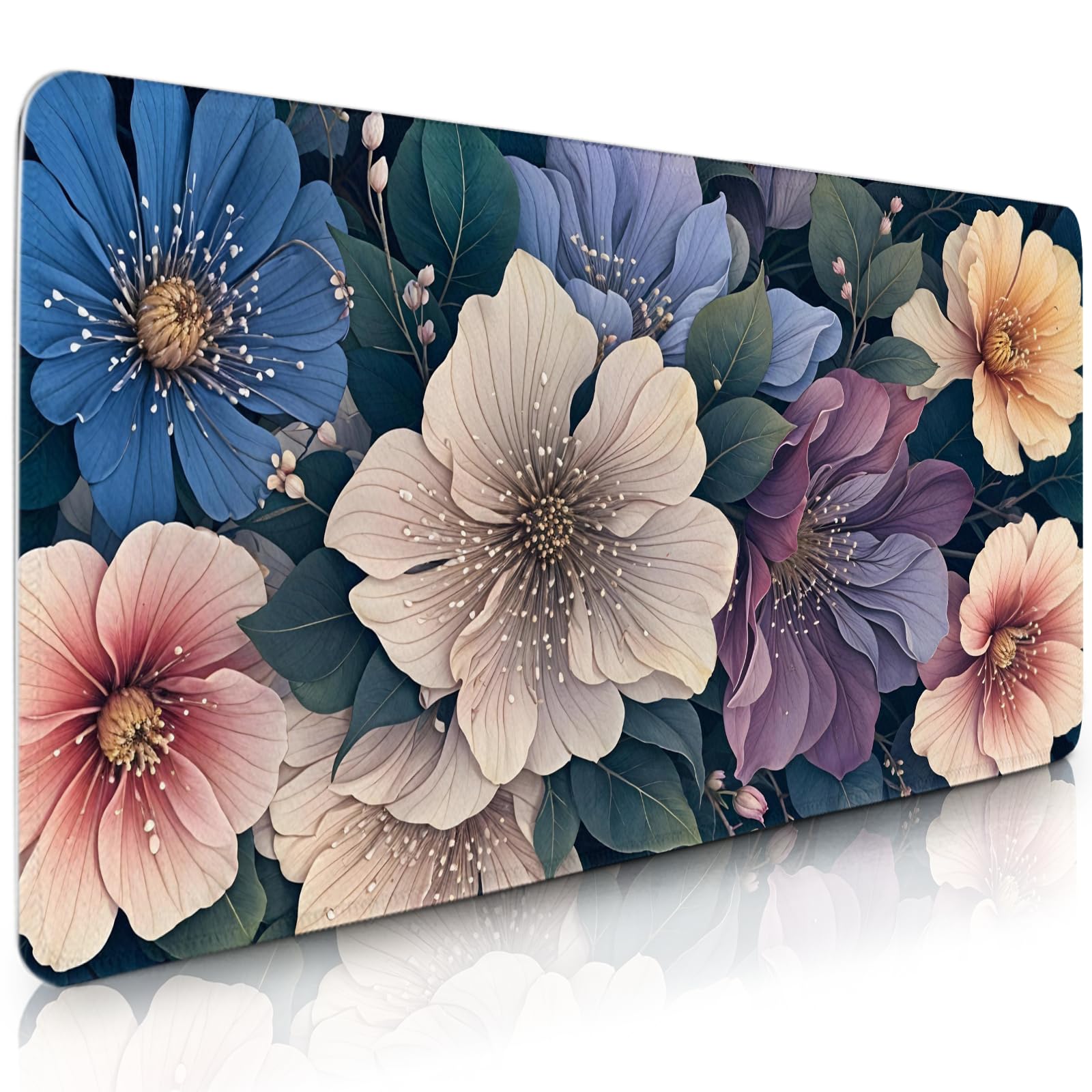 BlueFloral Gaming Mouse Pad, Large Computer Keyboard Mousepad, Flower Mouse Mat Big with Non-Slip Base and Stitched Edges, Long 