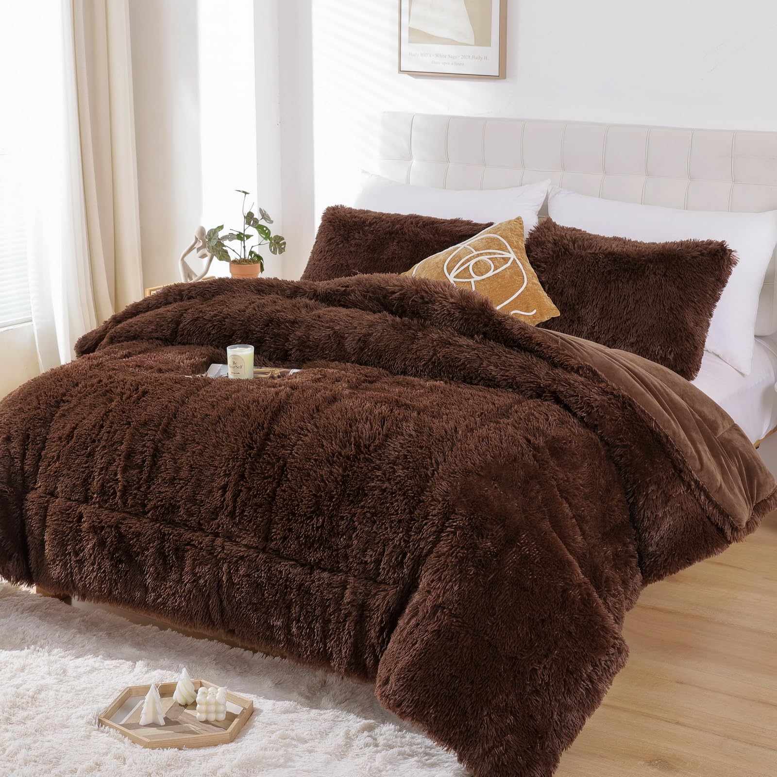 Smoofy Faux Fur Coffee Comforter Set Queen Size 3Pcs Fluffy Fuzzy Plush Comforter Set Cute Soft Shaggy Velvet Double-Sided Beddi