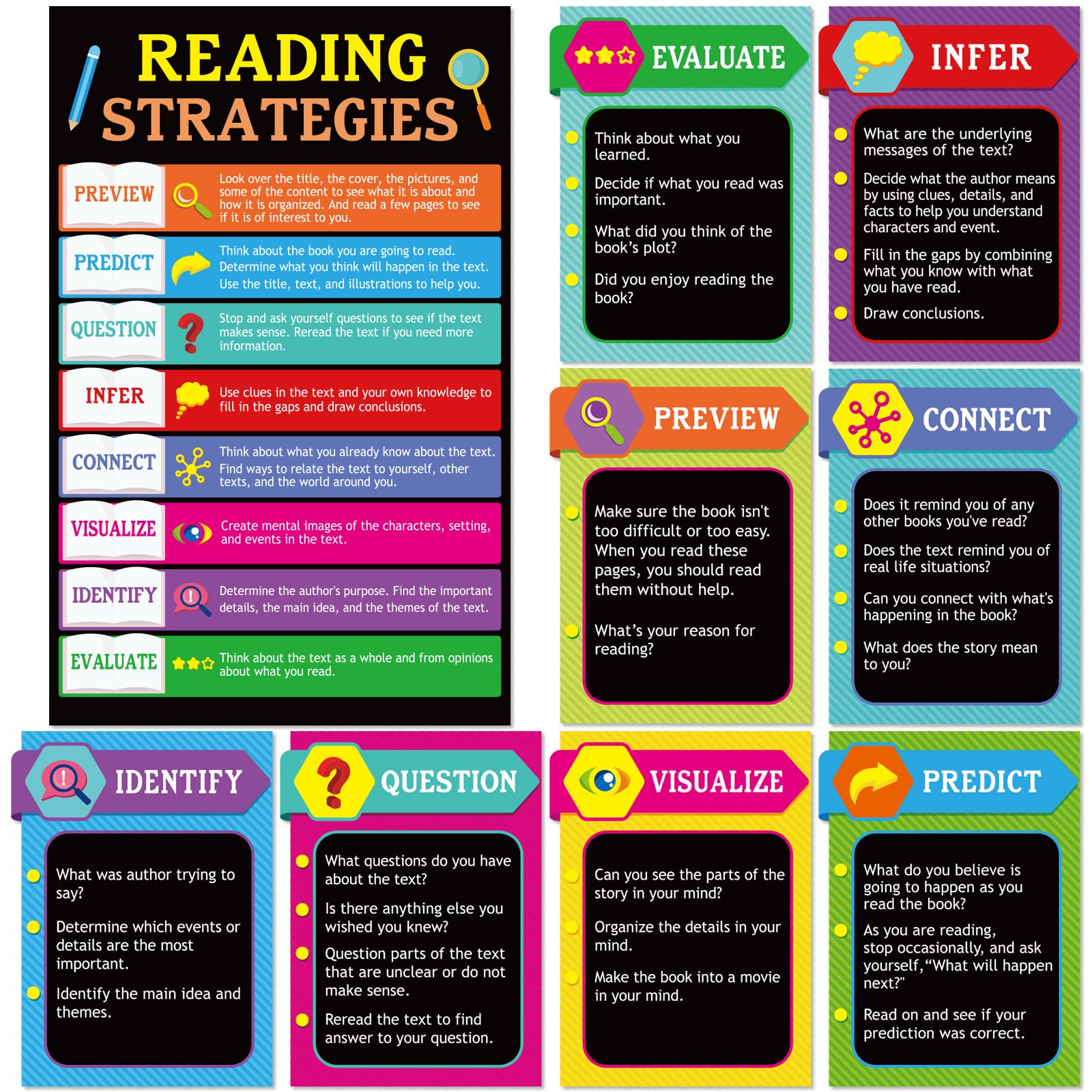Tevxj 10 Pieces Reading Strategies Posters Educational Bulletin Board Set For Classroom Laminated Grammar Posters For Elementary