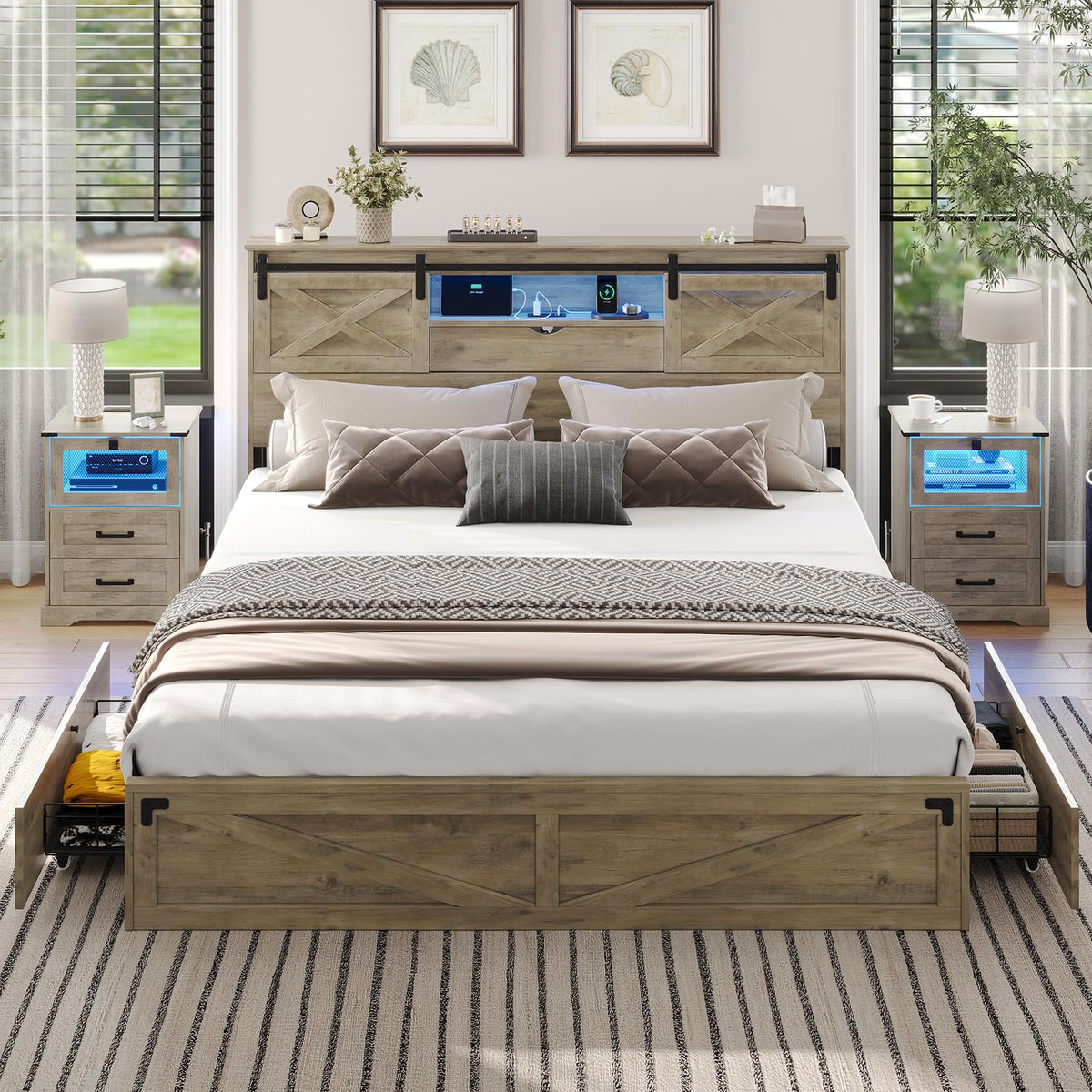 Hasuit Farmhouse Bed Frame California King Size With Storage Bookcase Headboard, Wooden Cal King Bed With Led Lights, Charging Station, 2 Drawers, Country Rustic Bed Frame With Sliding Barn Door