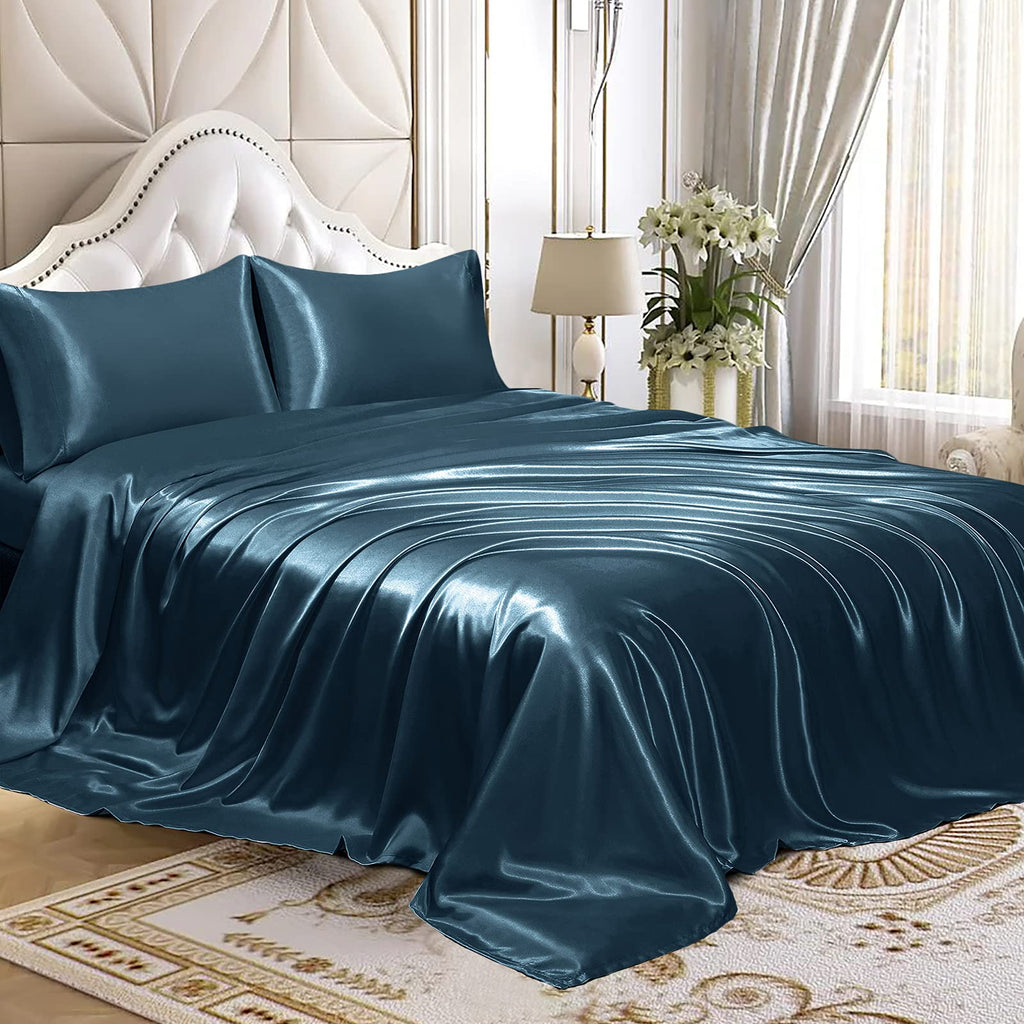 Homiest 3Pcs Satin Sheets Set Luxury Silky Satin Bedding Set With Deep Pocket, 1 Fitted Sheet + 1 Flat Sheet + 1 Pillowcase (Twin Xl Size, Deep Sea Blue)