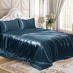 Homiest 3Pcs Satin Sheets Set Luxury Silky Satin Bedding Set With Deep Pocket, 1 Fitted Sheet + 1 Flat Sheet + 1 Pillowcase (Twin Xl Size, Deep Sea Blue)