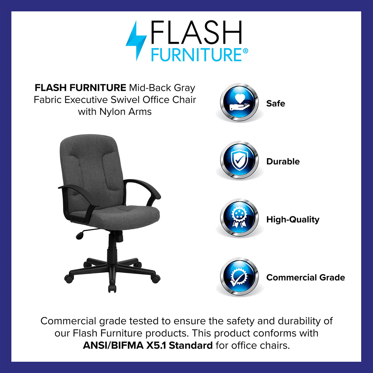 Flash Furniture Garver Mid-Back Gray Fabric Executive Swivel Office Chair with Nylon Arms