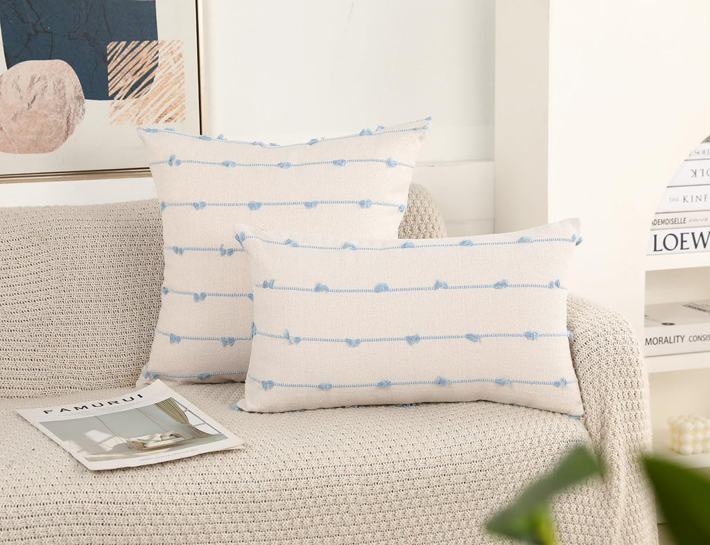 Nuyecy Set Of 2 Boho Throw Pillow Covers 30X30,Light Blue And White Neutral Couch Pillow Case With Tassel Fringe Decorative,Mode