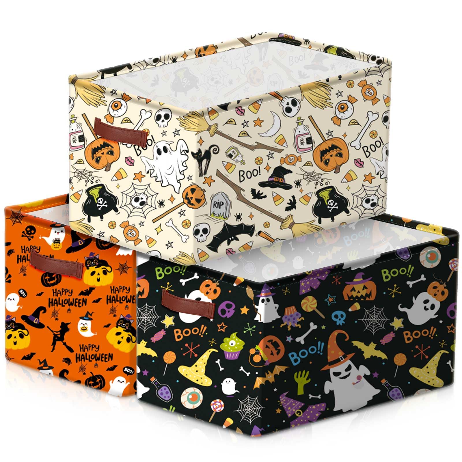 Boao 3 Pack Halloween Ghost Basket with Handles, Collapsible Large Canvas Storage Baskets, Spooky Skull Pumpkin Cat Foldable Sto
