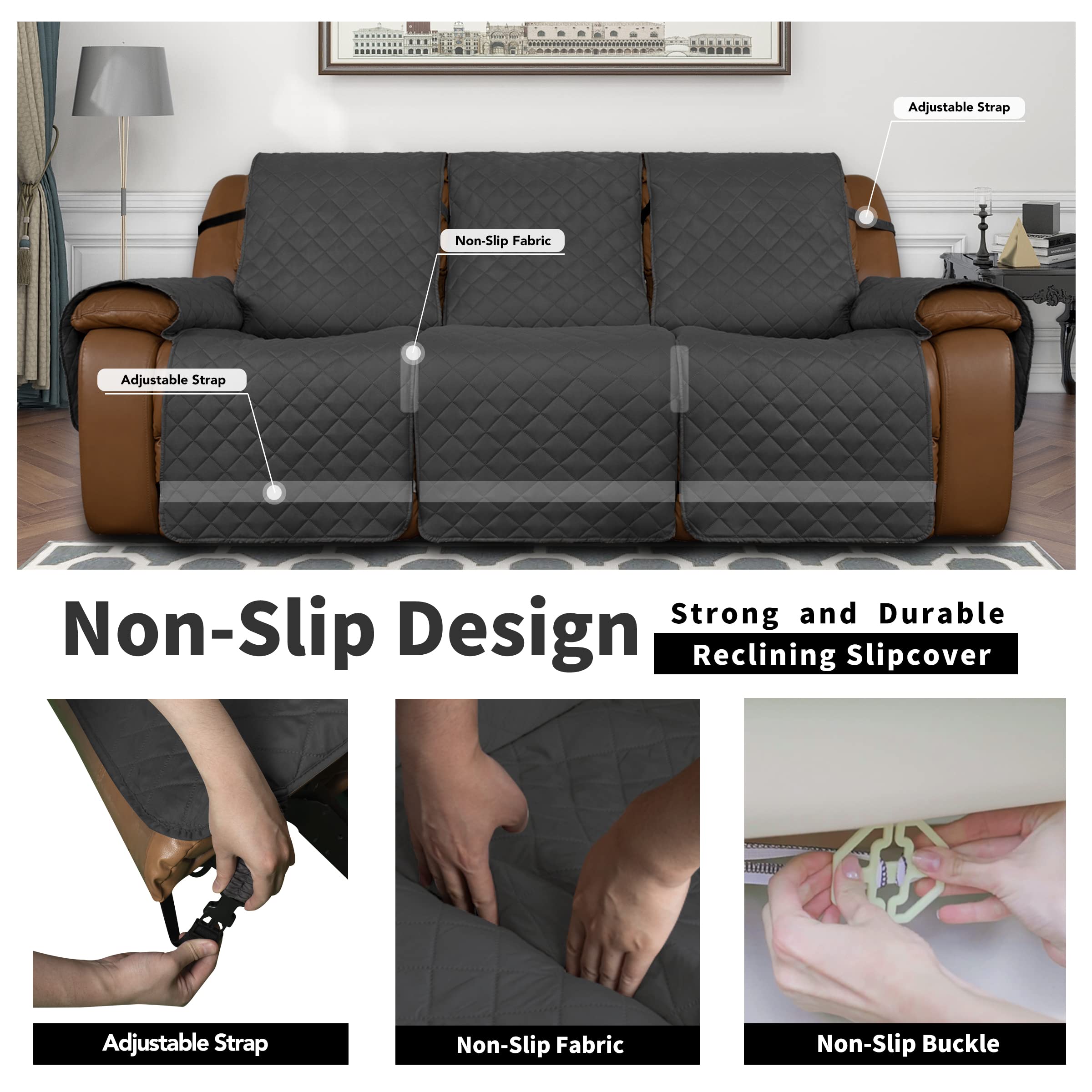 Easy-Going Oversized Recliner Sofa Cover, Reversible Couch Cover For 3 Seat Recliner, Split Sofa Cover For Each Seat With Elastic Straps For Kids, Dogs, Pets (3 Seater, Dark Gray/Dark Gray)
